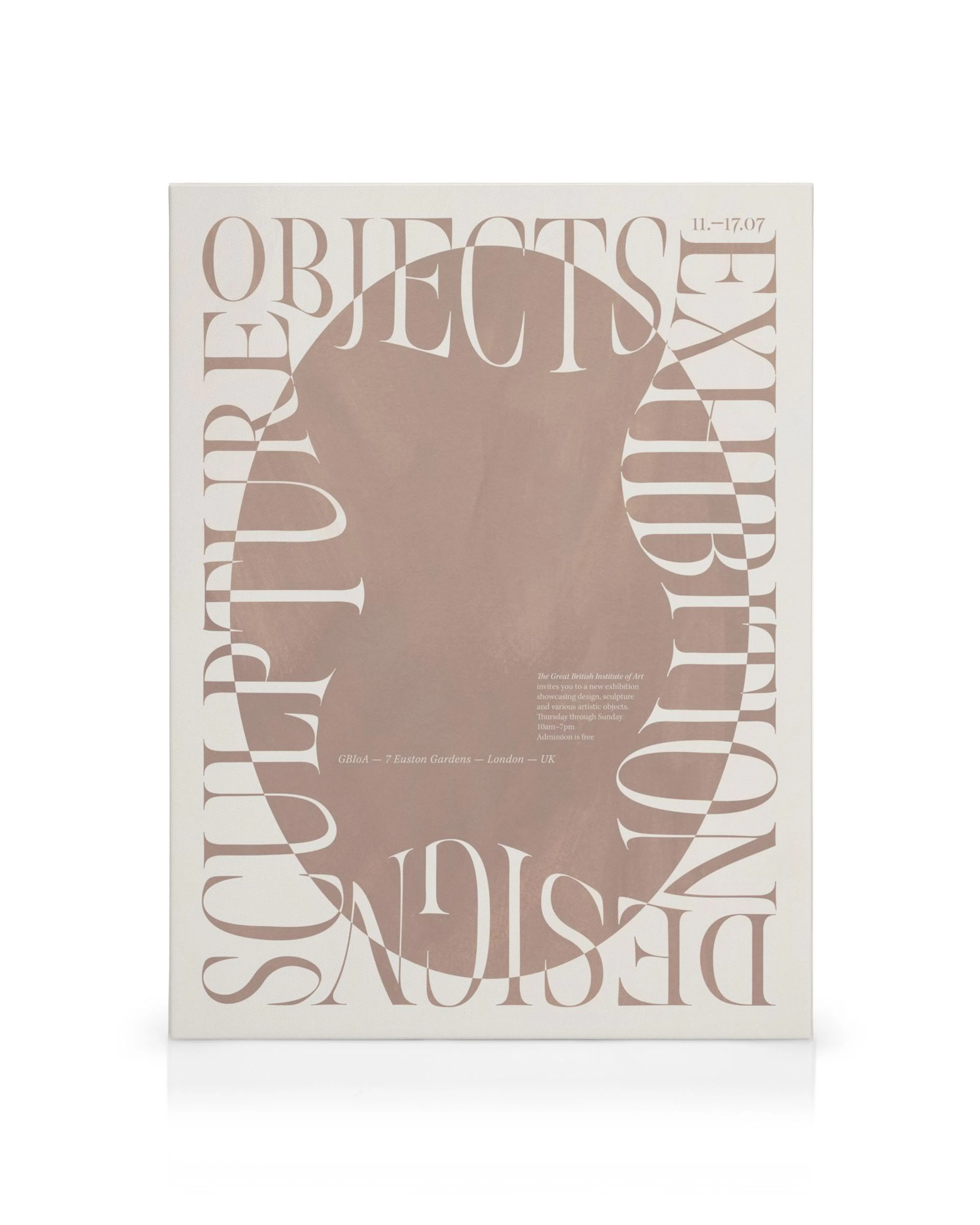 Exhibition canvas print with Objects in circular text around an oval, Sculpture below, on a white background.
