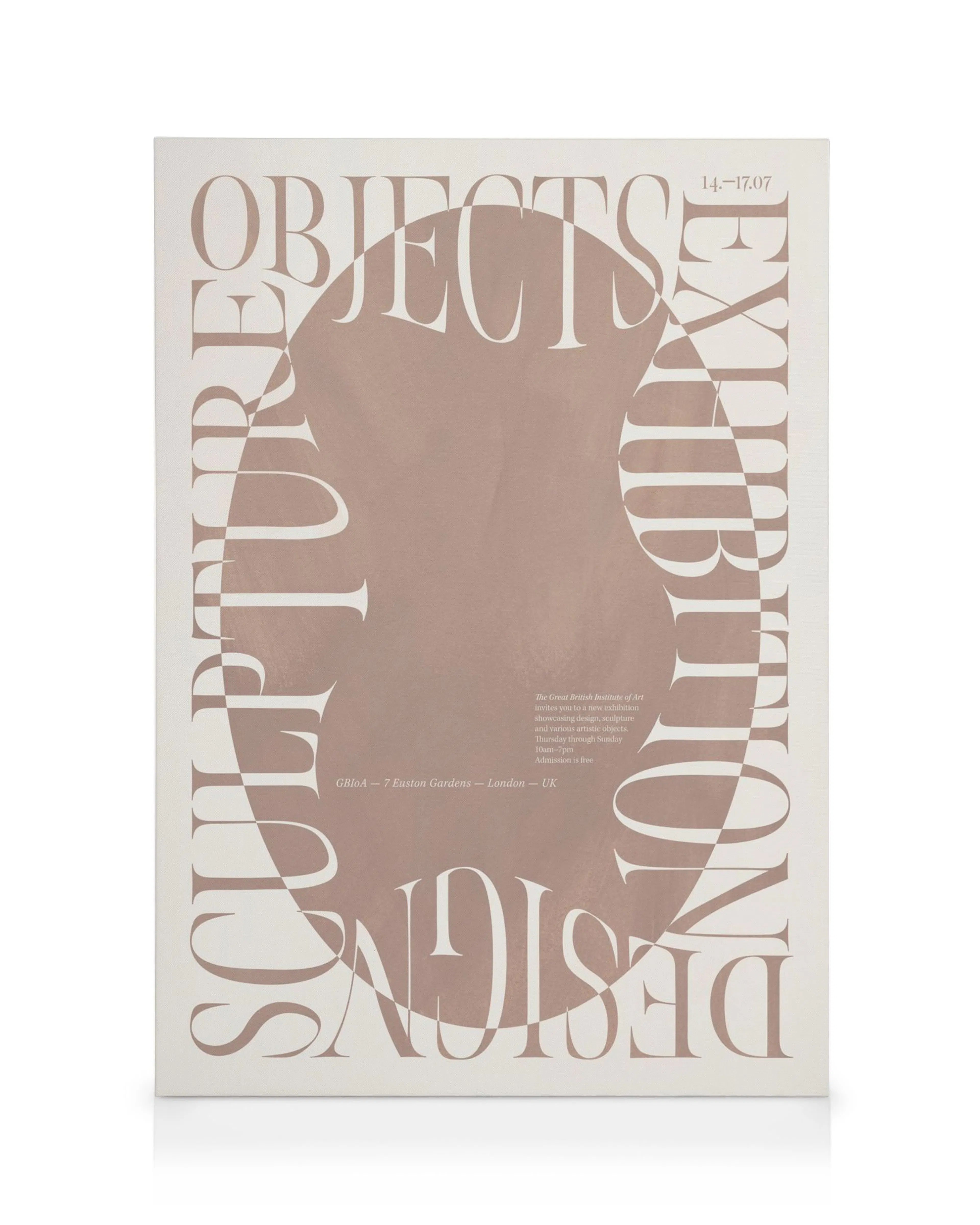 Exhibition poster canvas print with serif typography in beige and brown, featuring blurred oval shapes and text that reads Objec