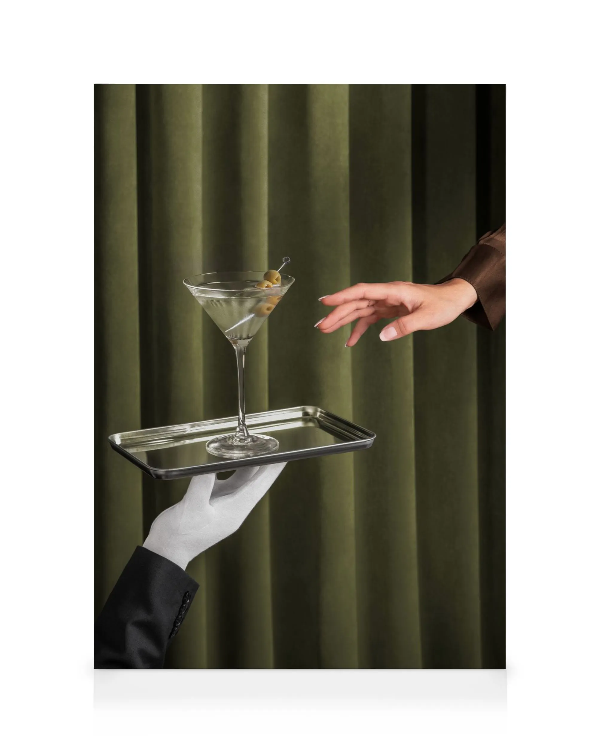 Martini cocktail canvas print with a gloved hand holding a silver tray with a martini, and a hand reaching for it.