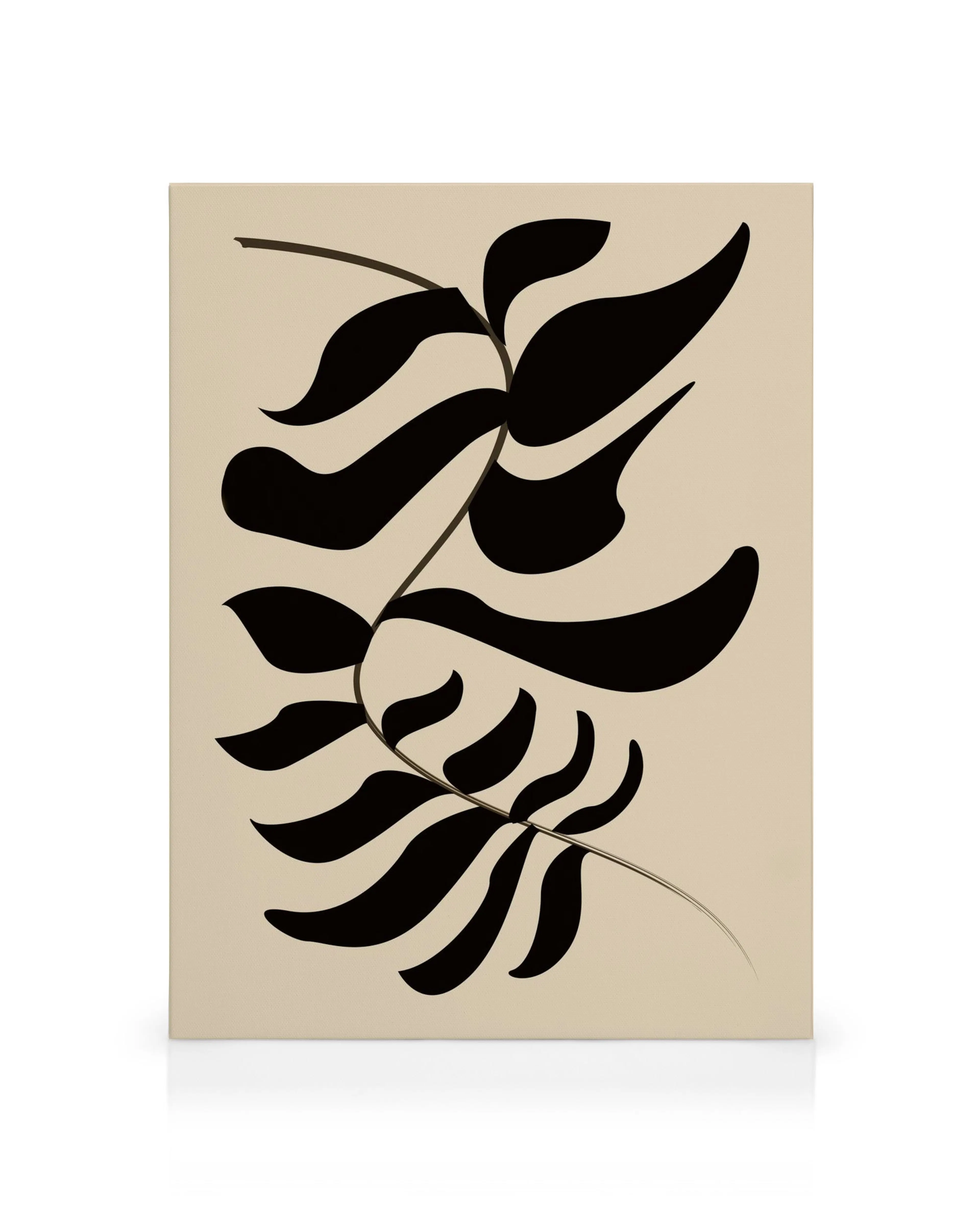 Sprung Alternative canvas print, featuring a bold black abstract leaf design on a neutral beige background.