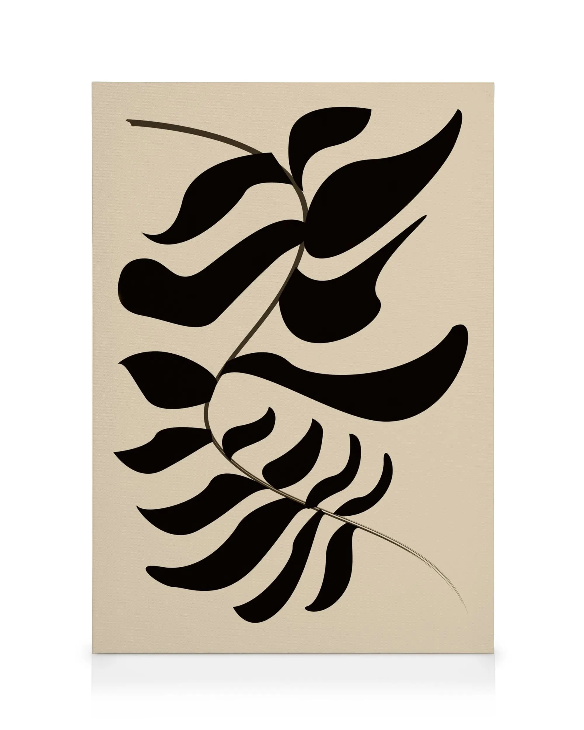 Lienzo beige con hoja negra abstracta de formas curvas, arte de pared moderno