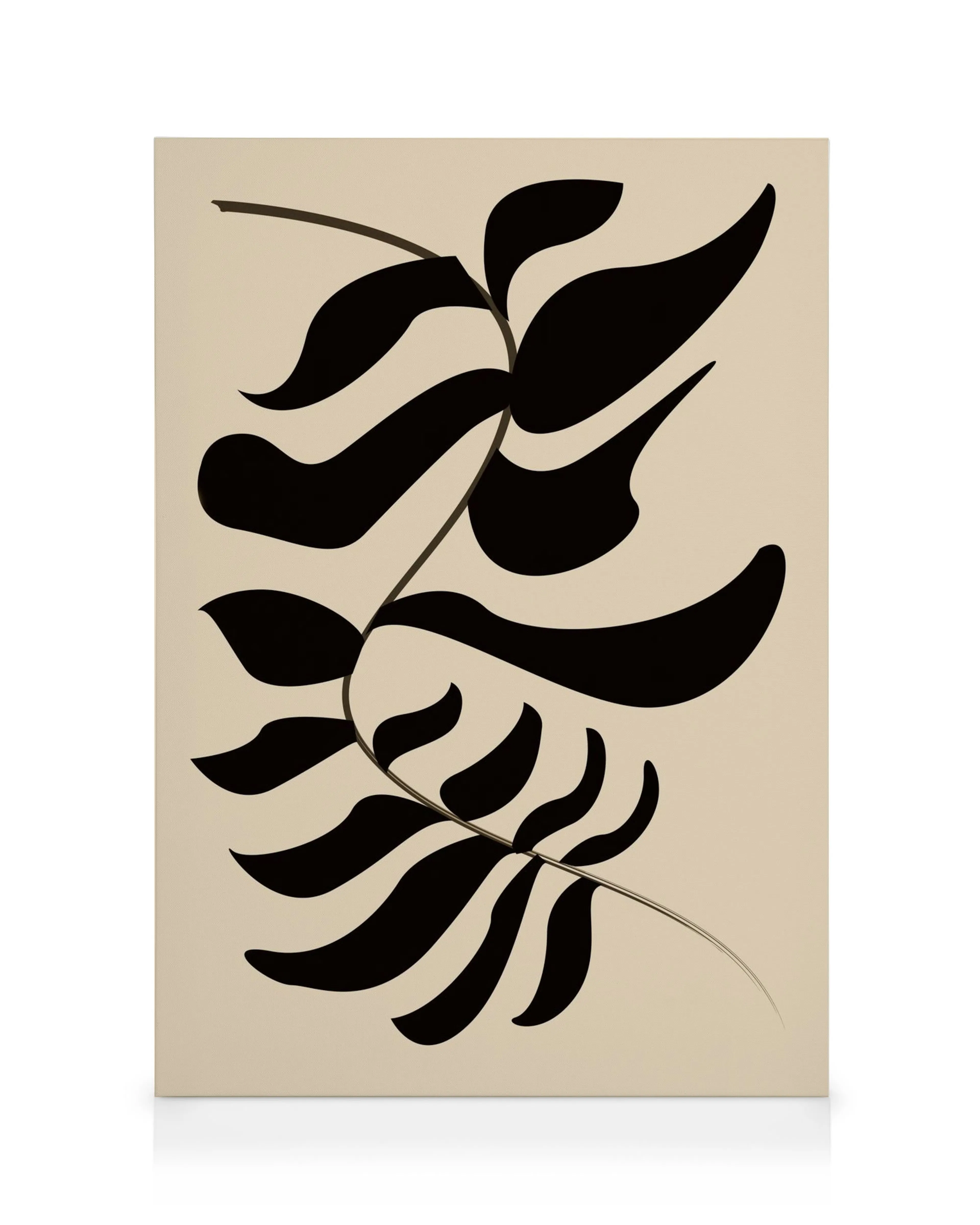 Lienzo beige con hoja negra abstracta de formas curvas, arte de pared moderno