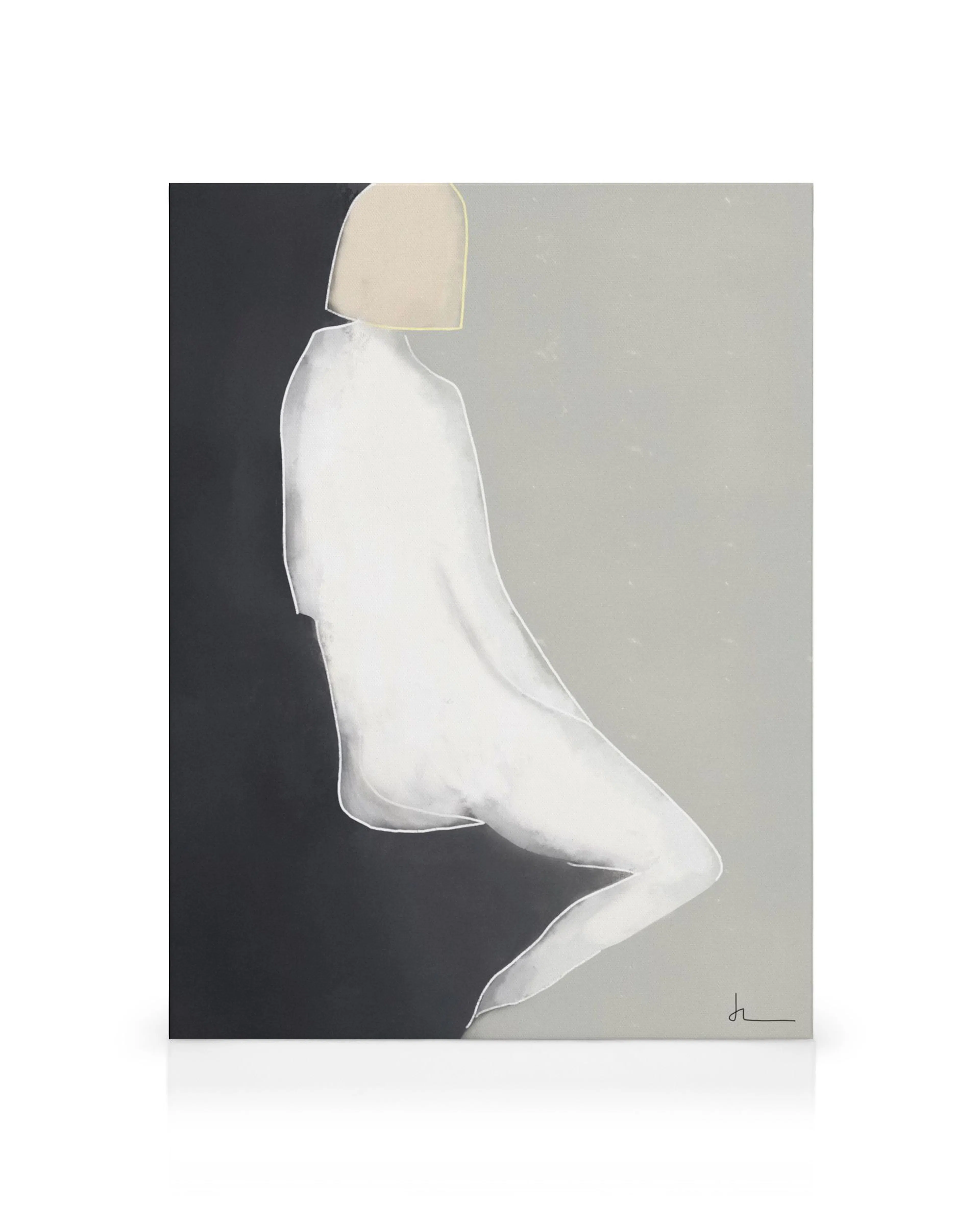 Stampa su tela Hope con figura astratta seduta, beige, bianco, grigio e nero, arte minimalista da parete