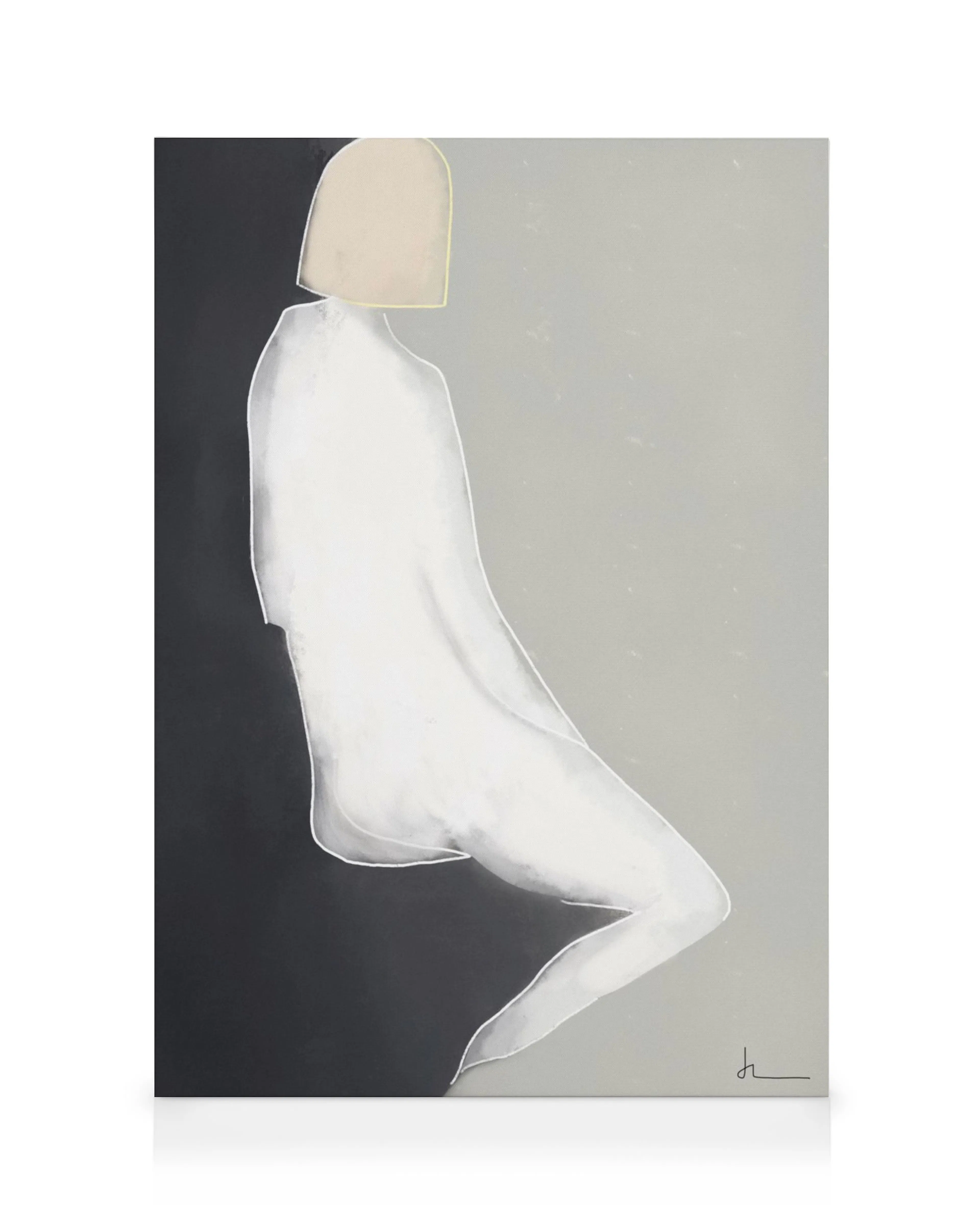 Canvastavla Hope med sittande figur i vitt, beige, gult mot svart och grå bakgrund, mjuka former, modern väggdekor.