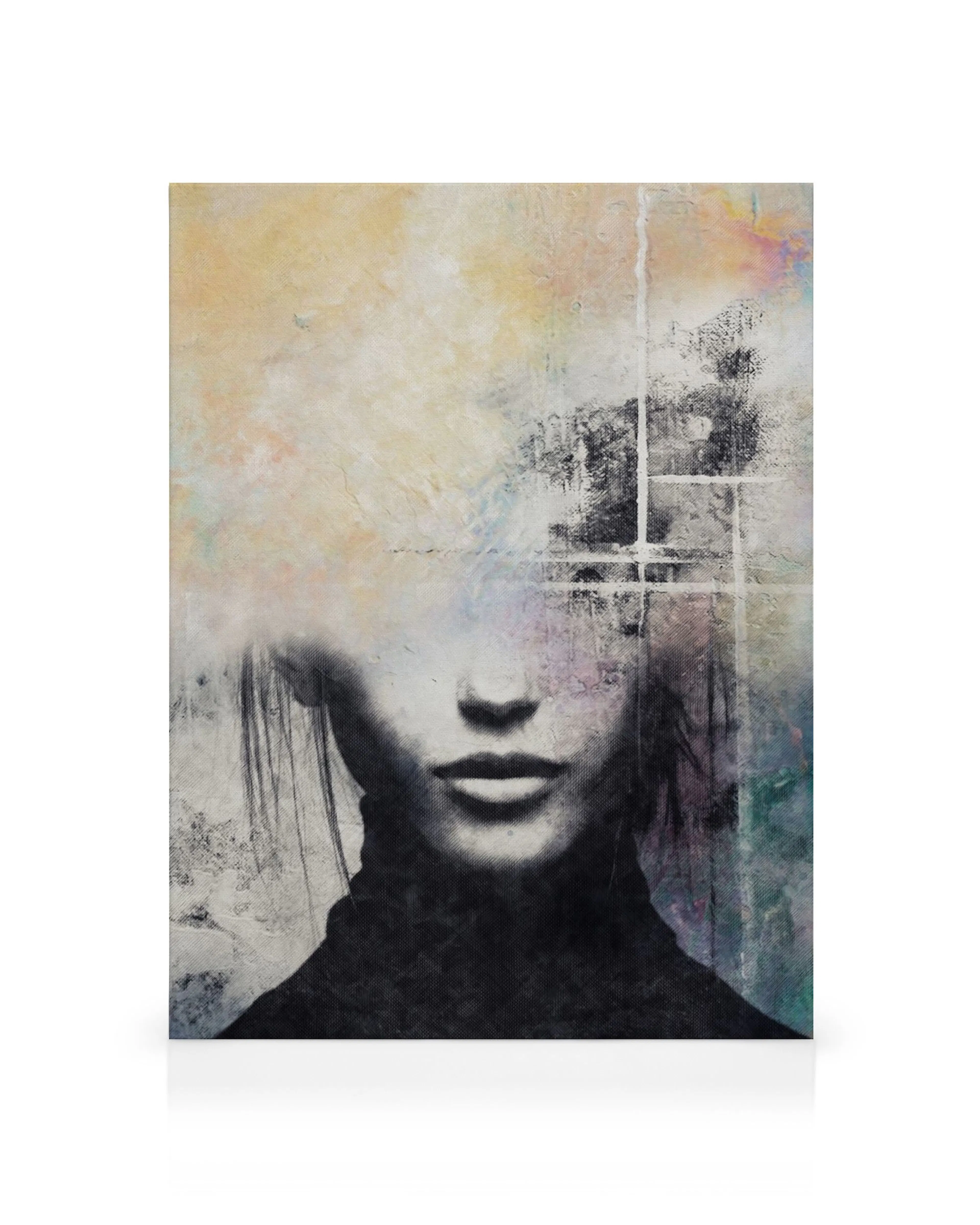 Abstract canvas print of a painted portrait with smudges, drips, and textures in black, gray, and yellow tones.