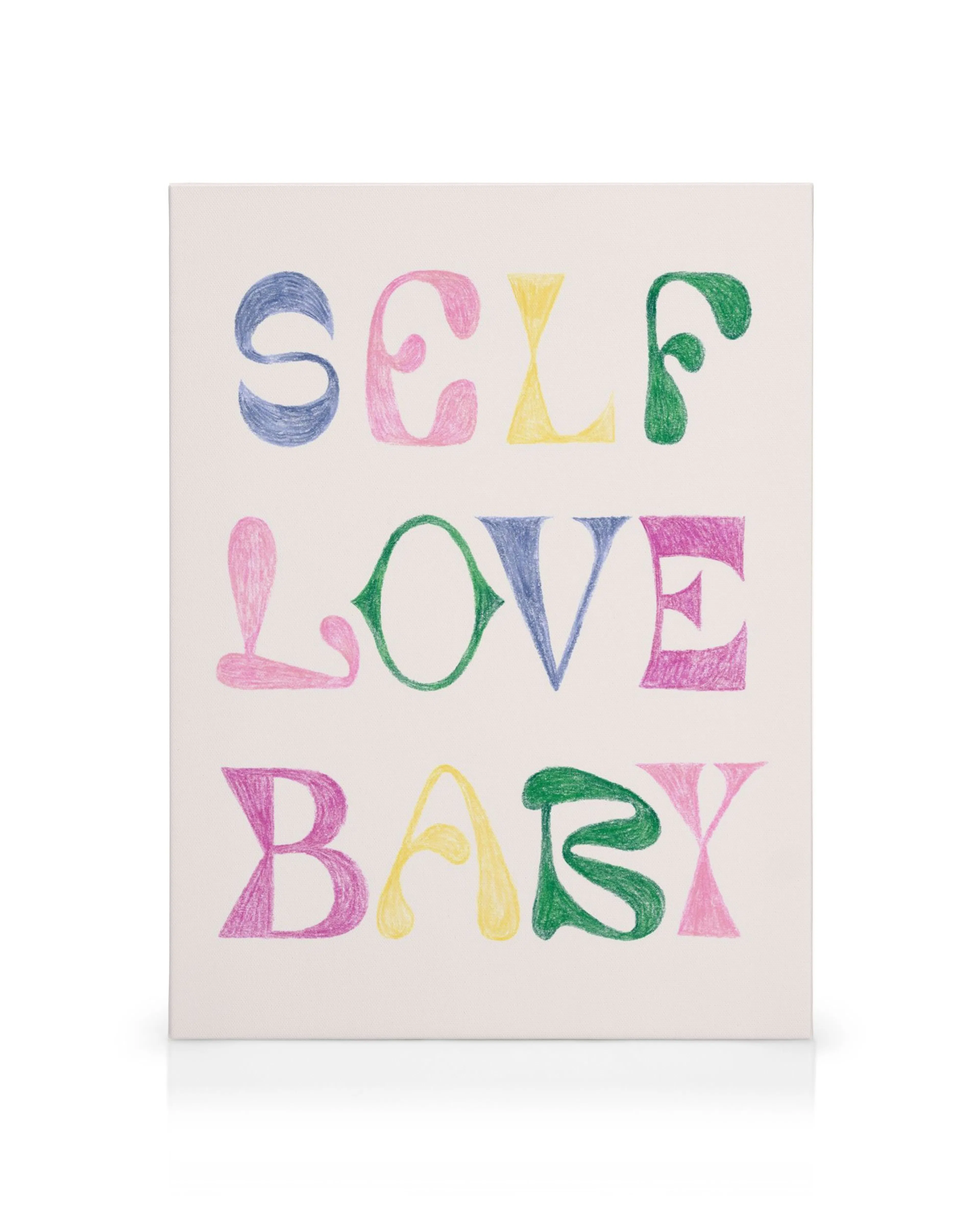 Färgglad canvastavla med handritade bokstäver som bildar Self Love Baby i blått, grönt, gult, rosa, lila på vit bakgrund.