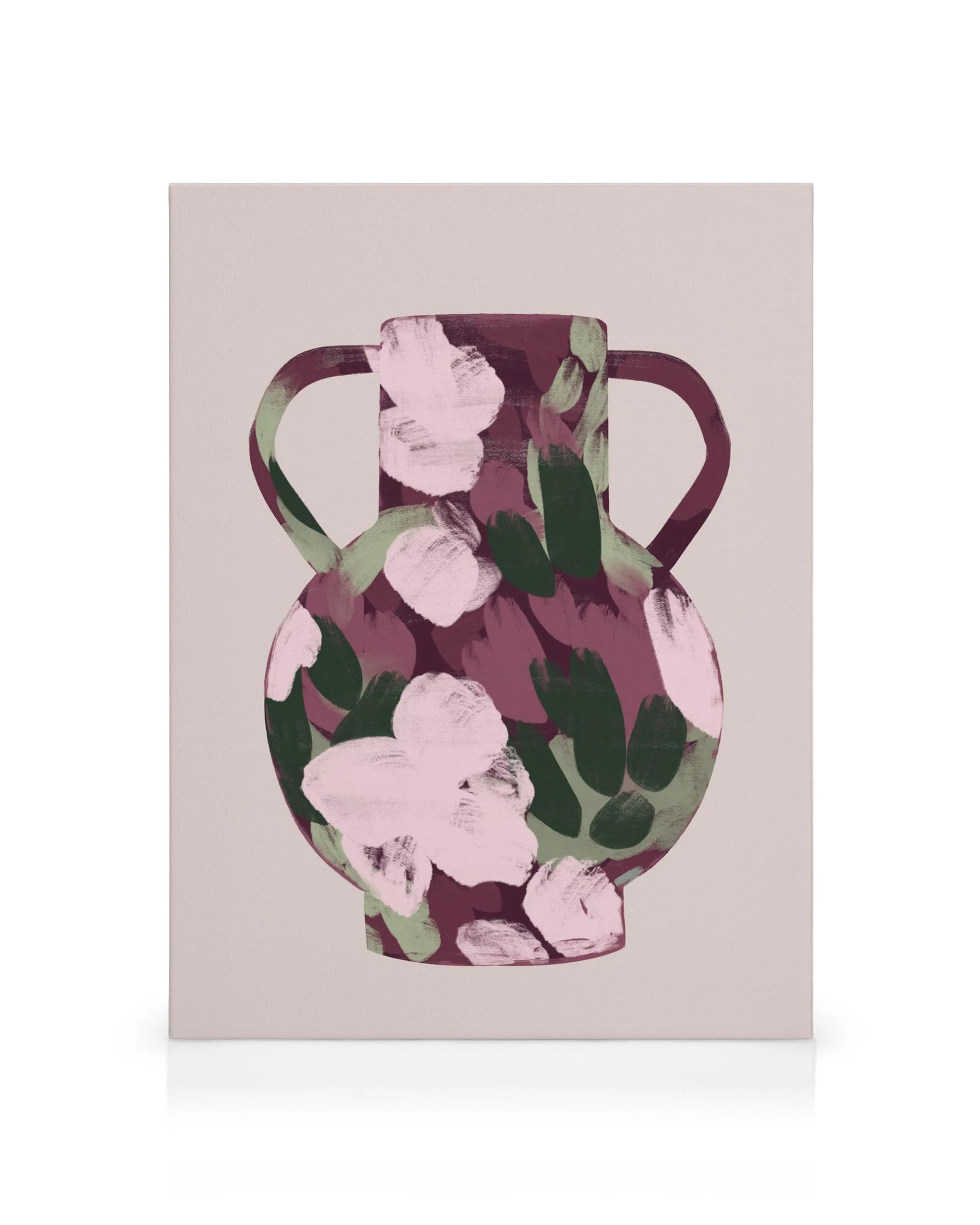 Toile avec vase marron, fleurs blanches et feuilles vertes, style doux, coups de pinceau