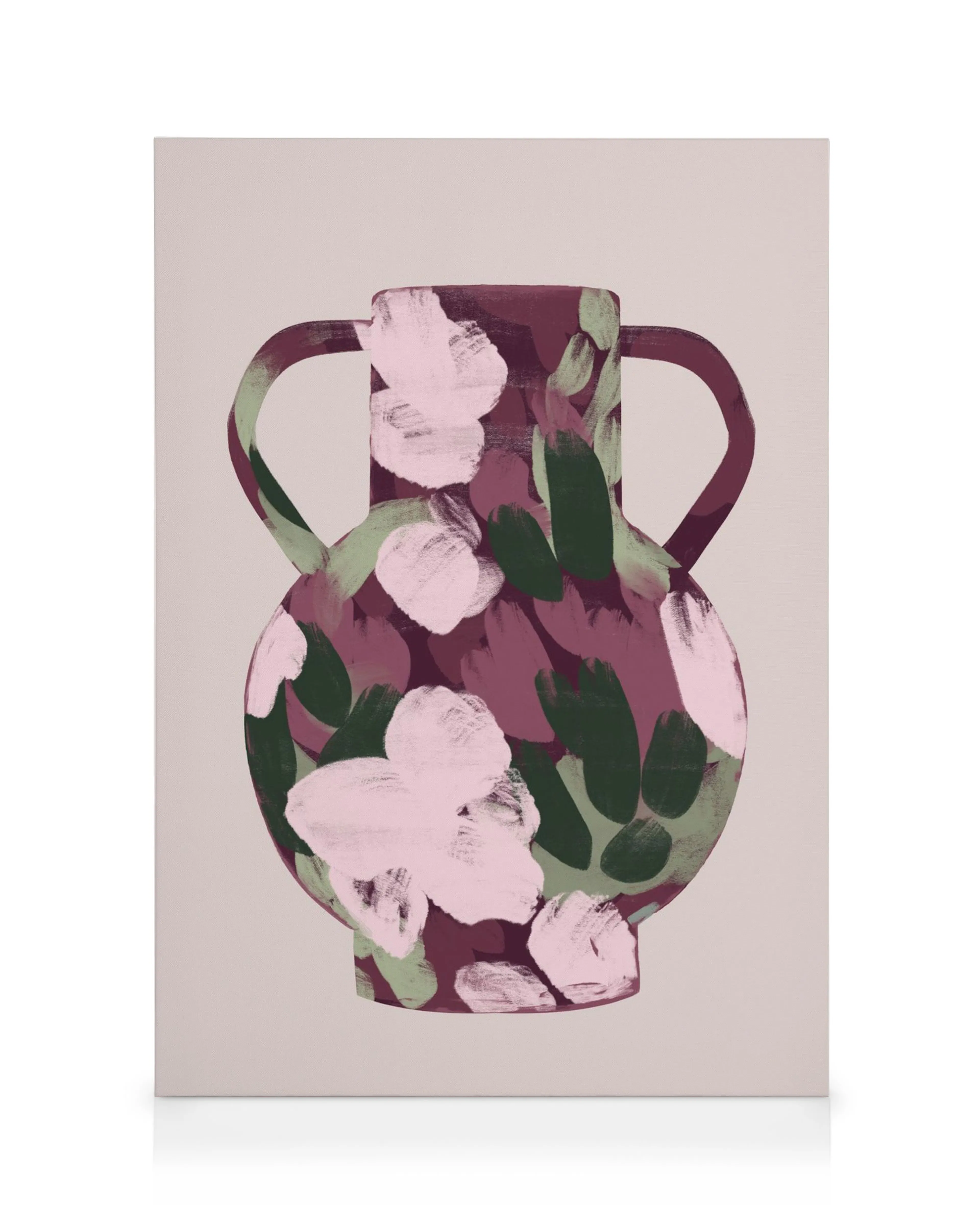 Canvas met illustratie van vaas met witte bloemen en groene bladeren op kastanjebruine achtergrond, penseelstijl.