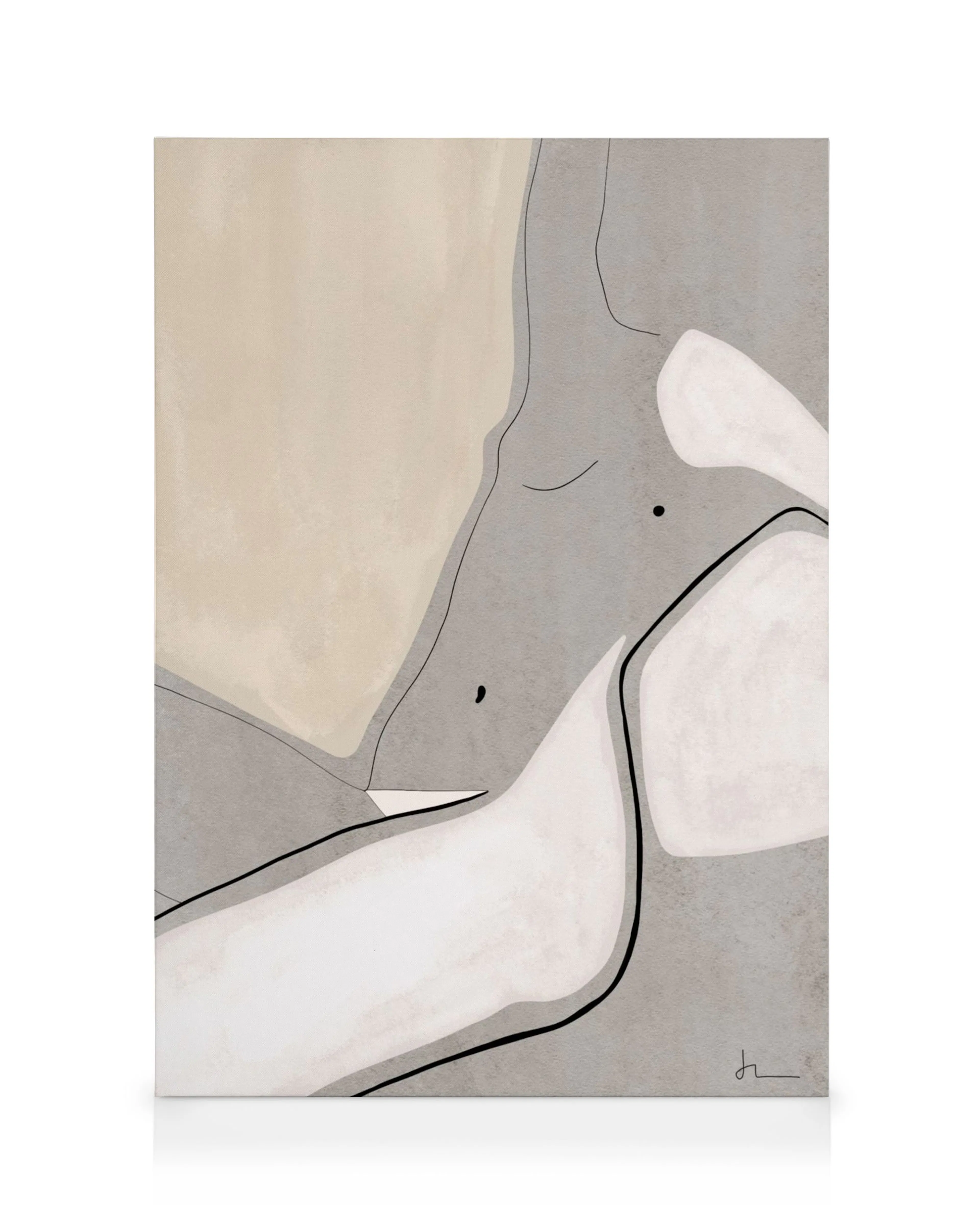 Abstrakte Körperkunst auf Leinwand, nuancierte Grautöne, Beige und Schwarzlinien, ästhetisches Wandbild, figuratives Dekor.