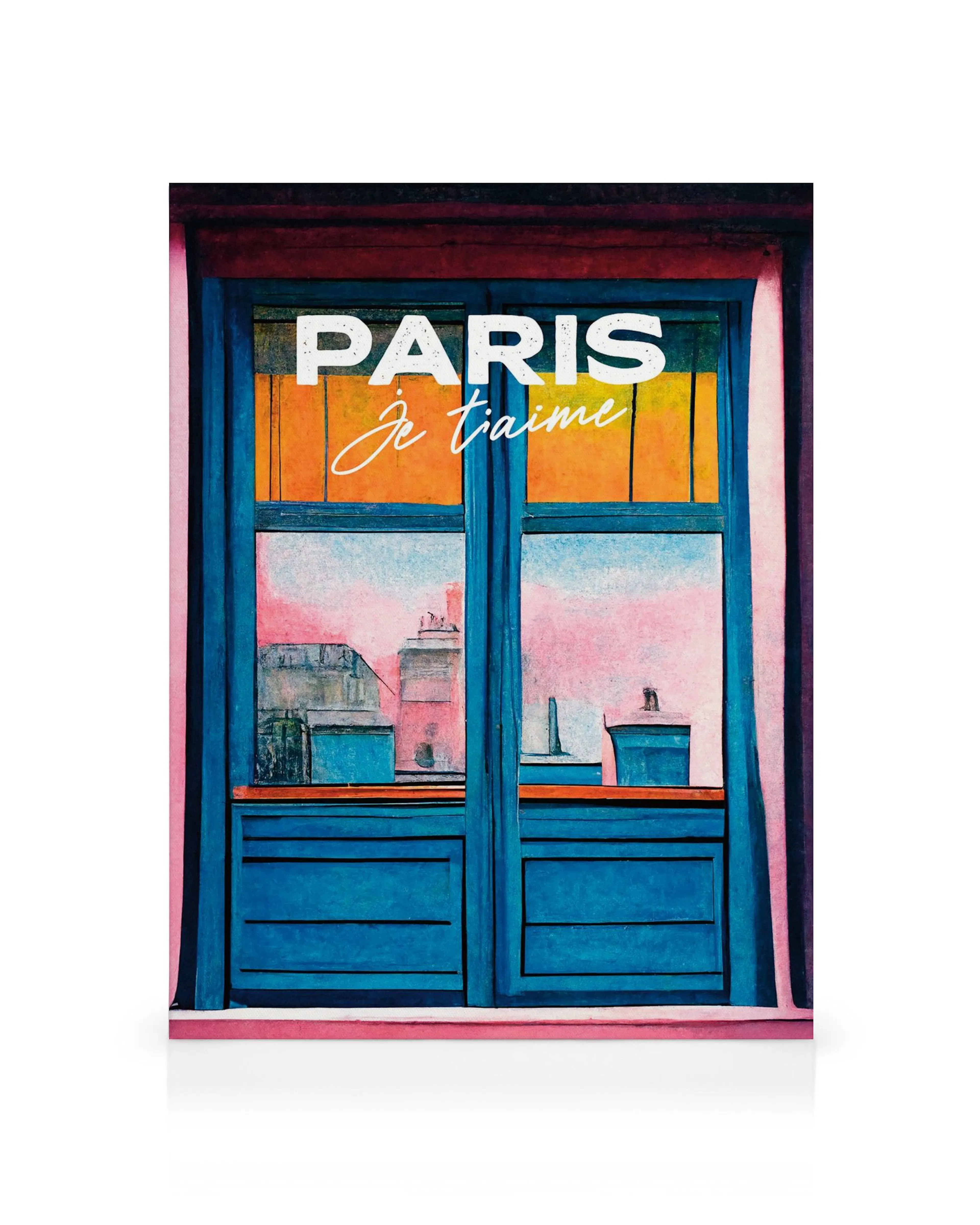 Färgrik canvastavla av ett Paris-fönster med blåa fönsterluckor. Rosa och gul himmel med texten Paris Je Taime.