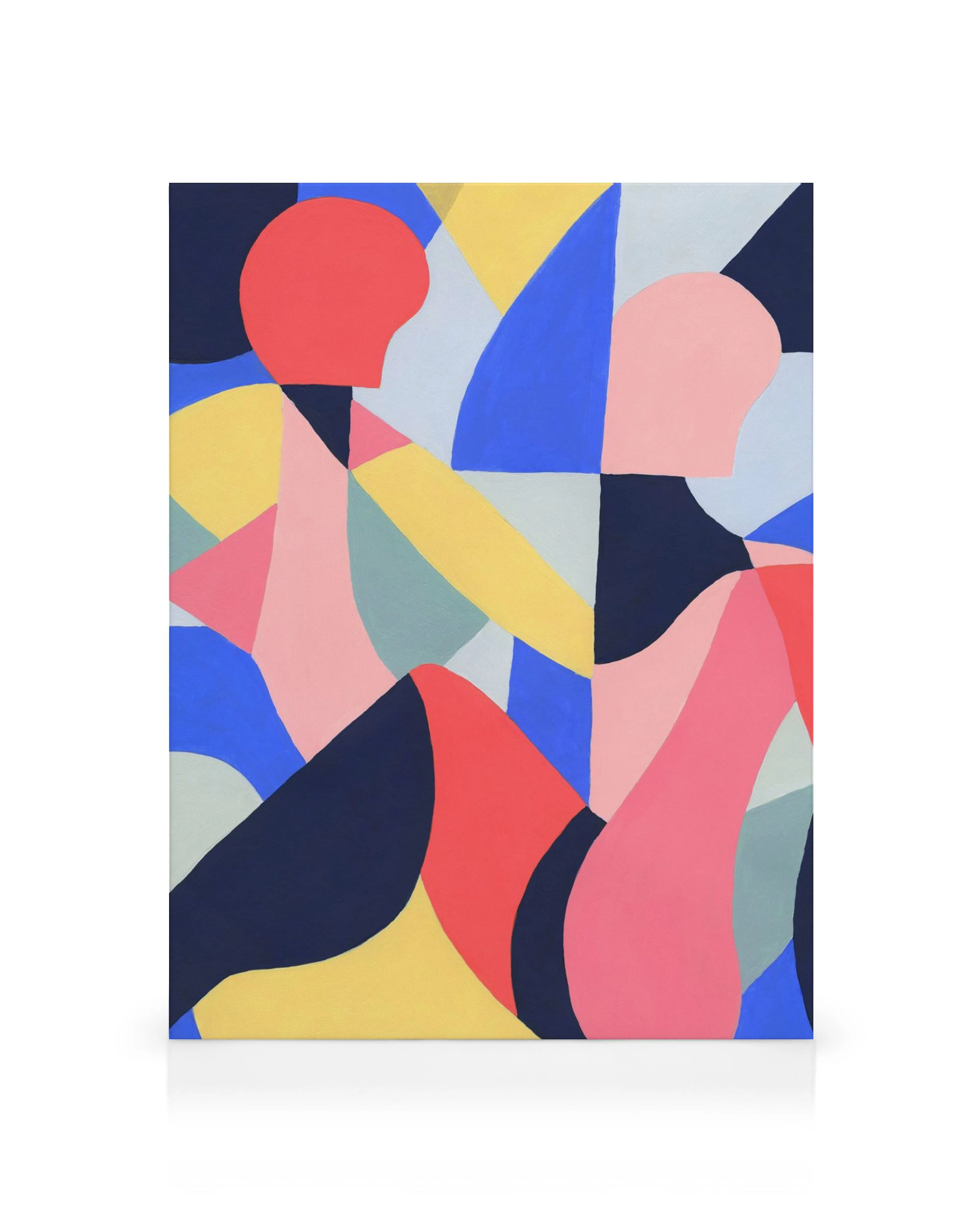 Abstract canvas print, two figures of colorful shapes, red, blue, yellow, pink, and navy on white background.