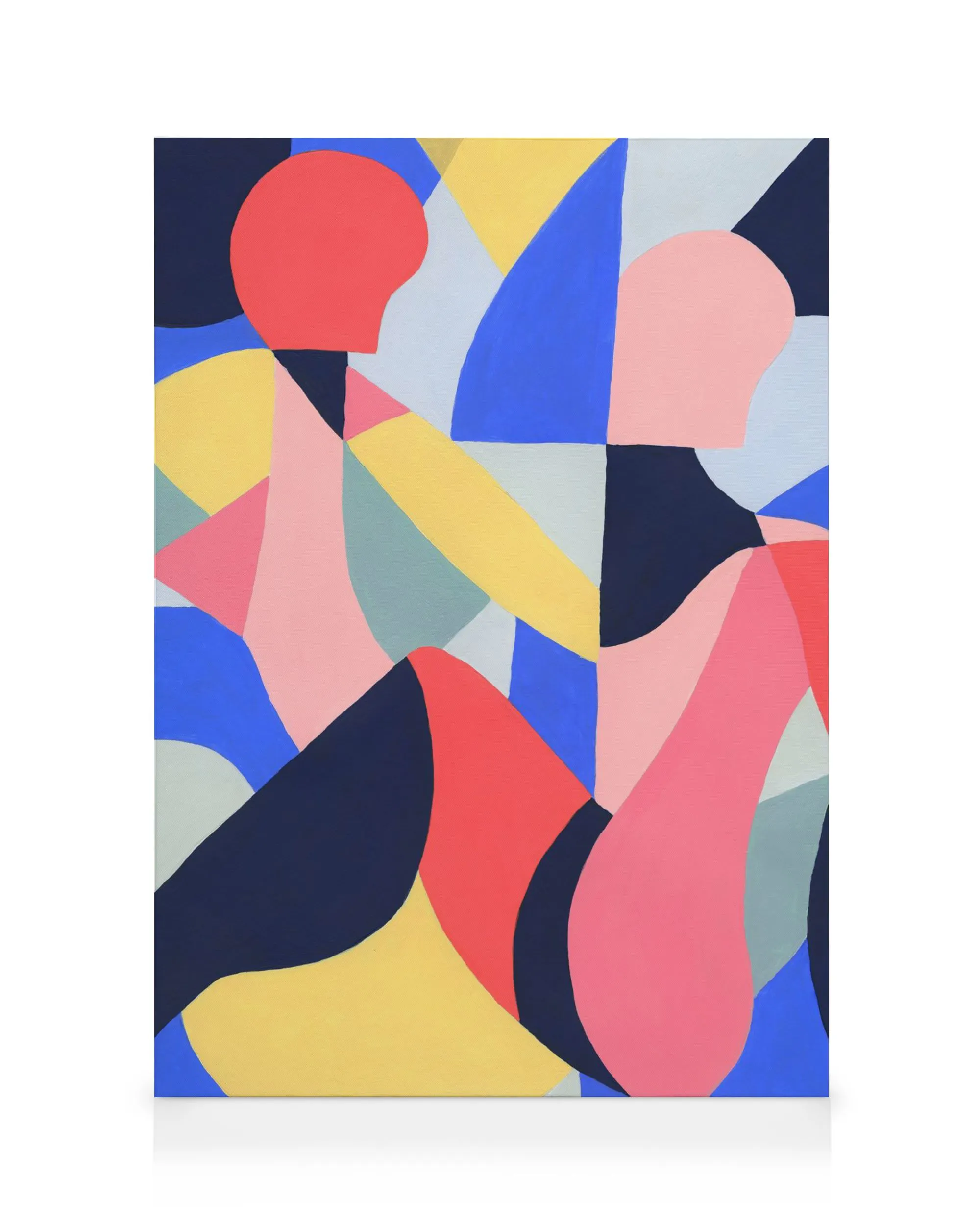 Abstract canvas print with blue, yellow, pink, red, and grey overlapping shapes forming two figures on white.