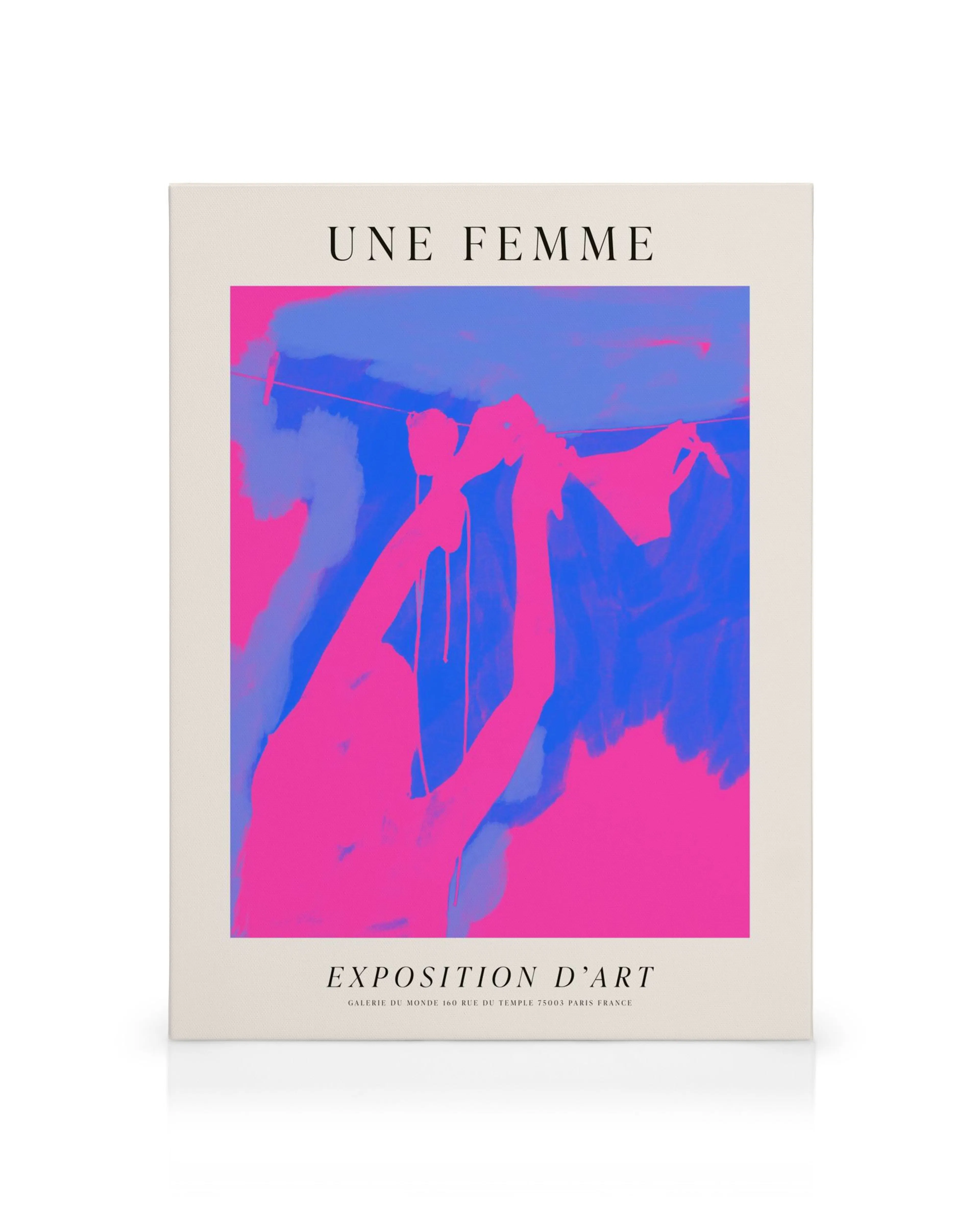 Leinwandbild Une Femme mit rosa und blauen Farbfeldern, die eine weibliche Figur andeuten und Wäsche aufhängen.