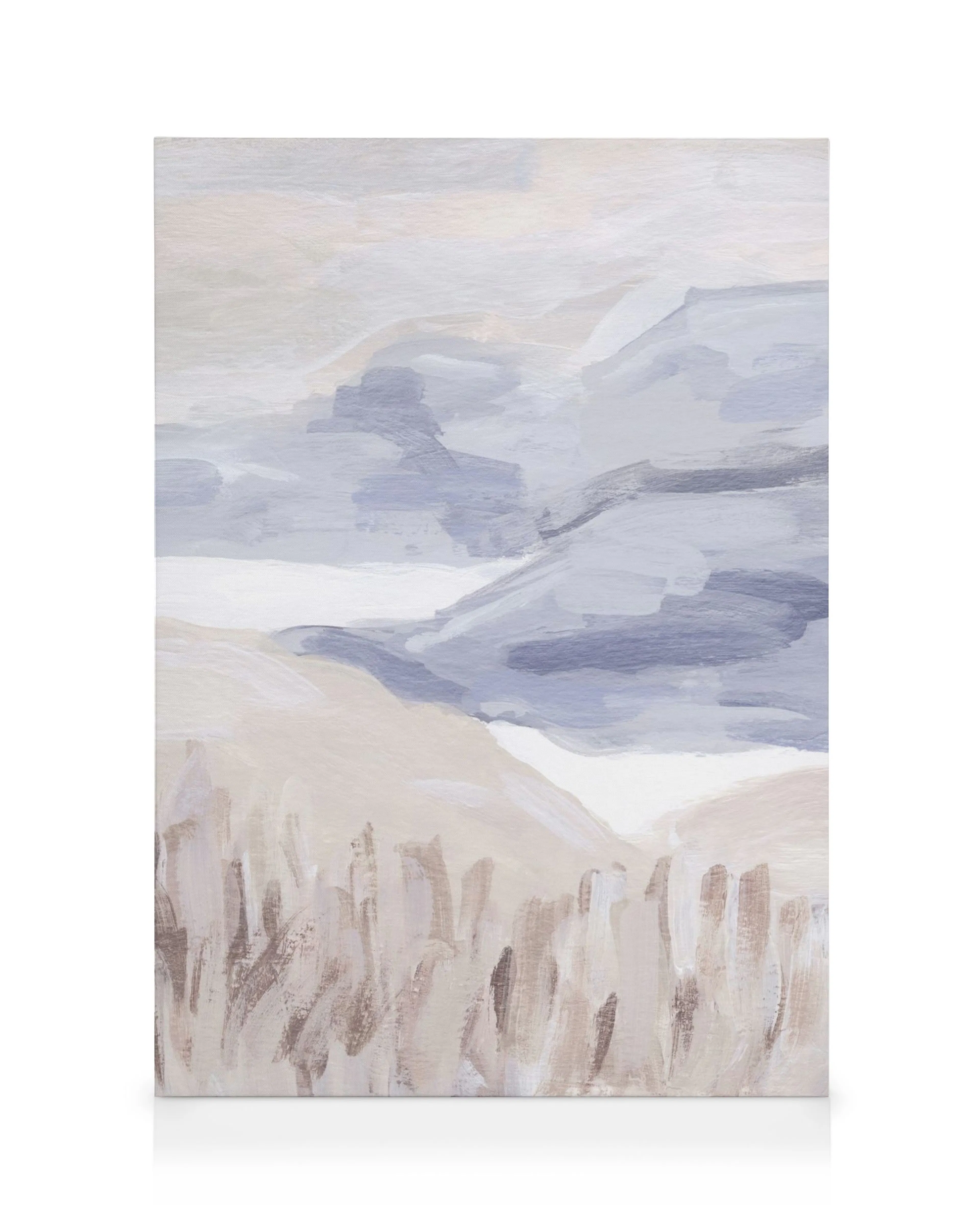Stampa su tela astratta con pennellate testurizzate in beige, bianco, grigio e blu che evocano un paesaggio calmo e rilassante.