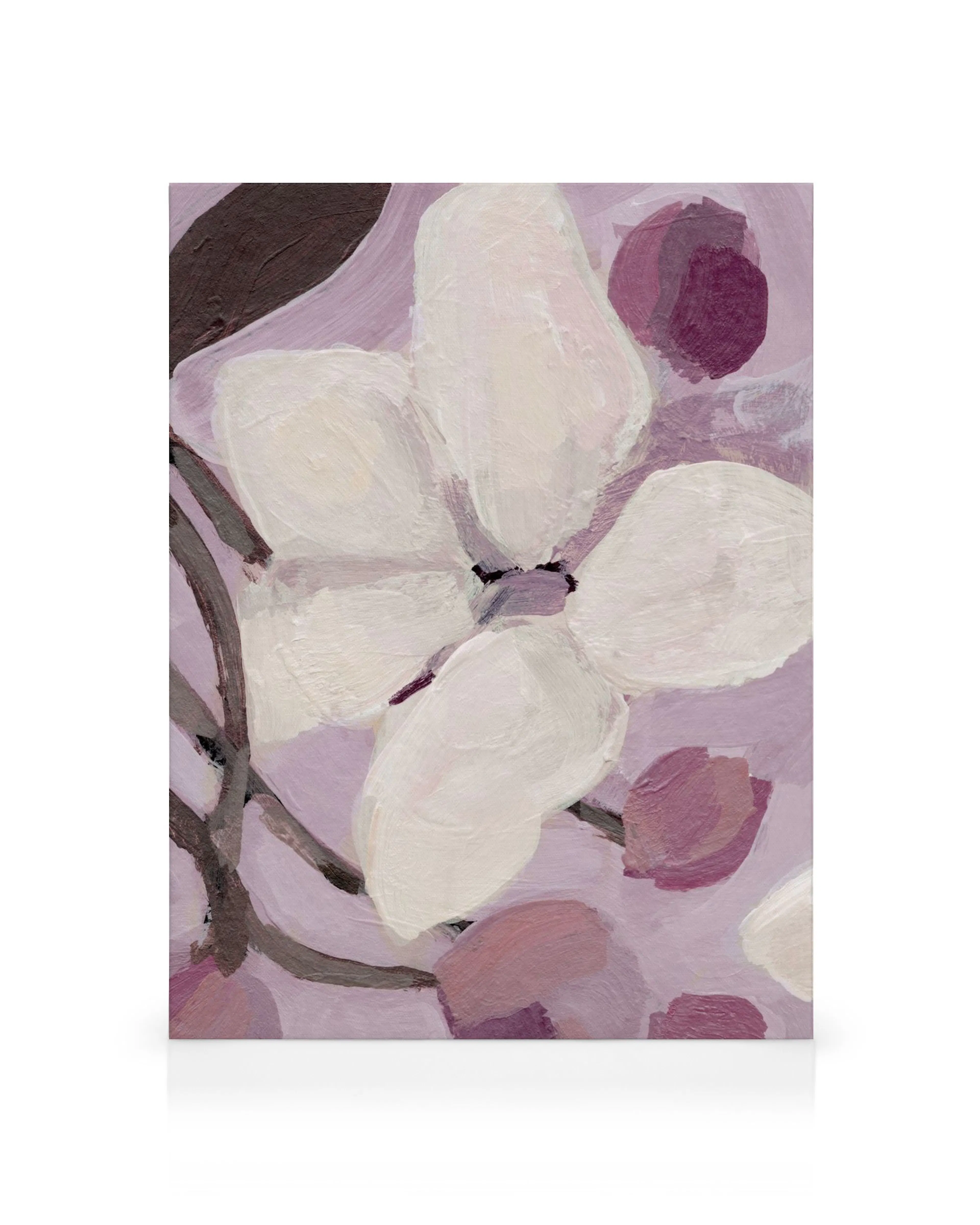 Abstract violet and cream floral painting with thick brushstrokes on a canvas print. Modern purple flower art.