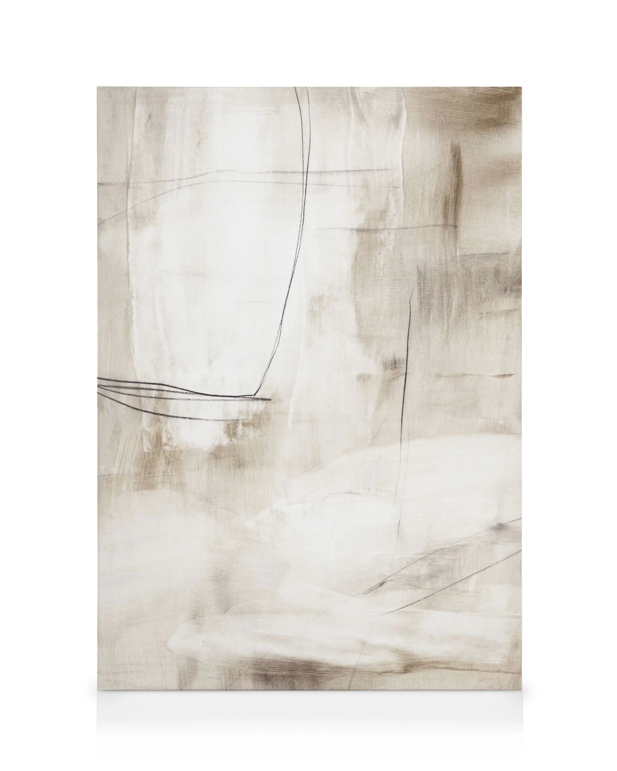 Toile abstraite tons bruns et blancs, lignes fines noires, style minimaliste, typographie discrète.