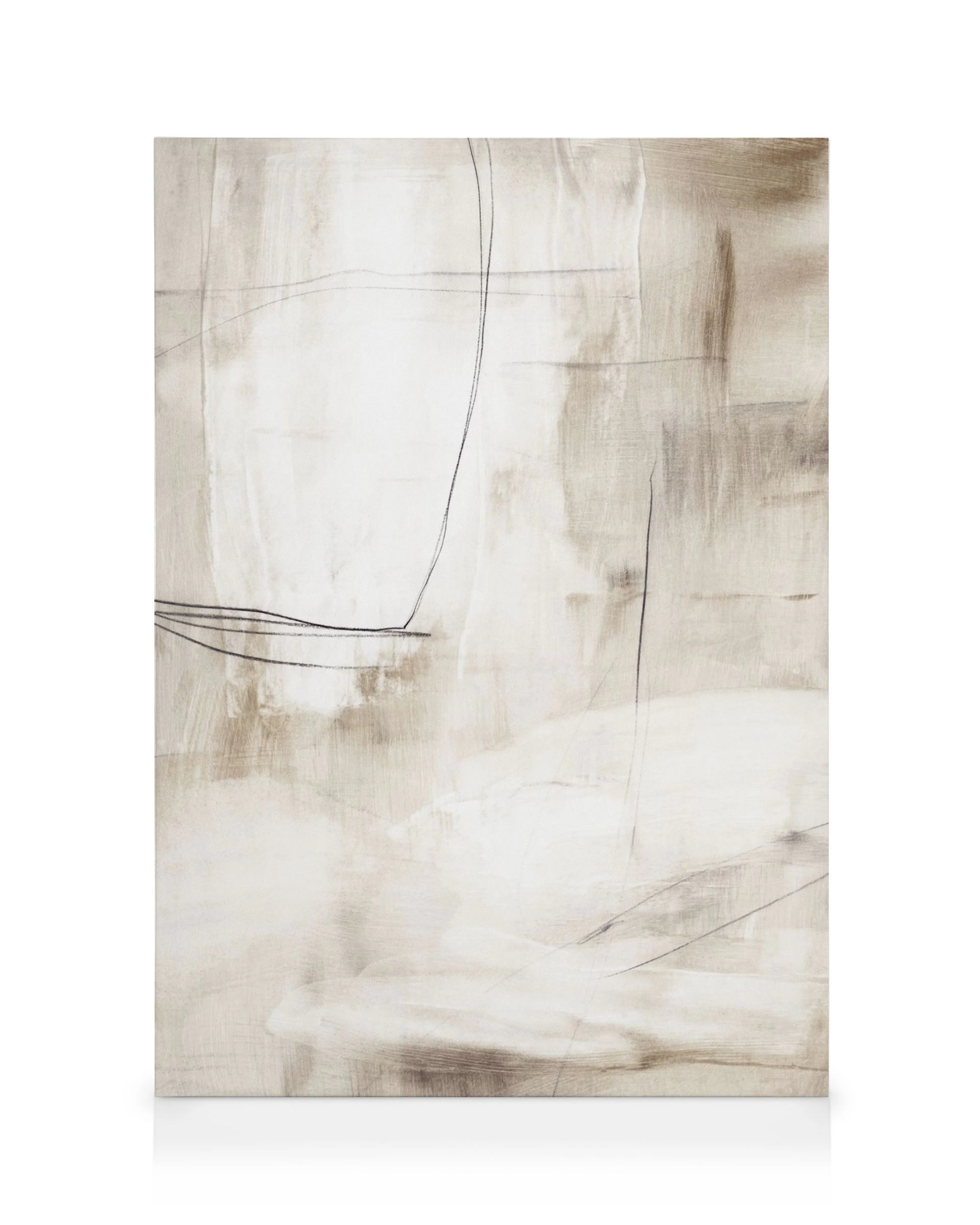 Toile abstraite tons bruns et blancs, lignes fines noires, style minimaliste, typographie discrète.