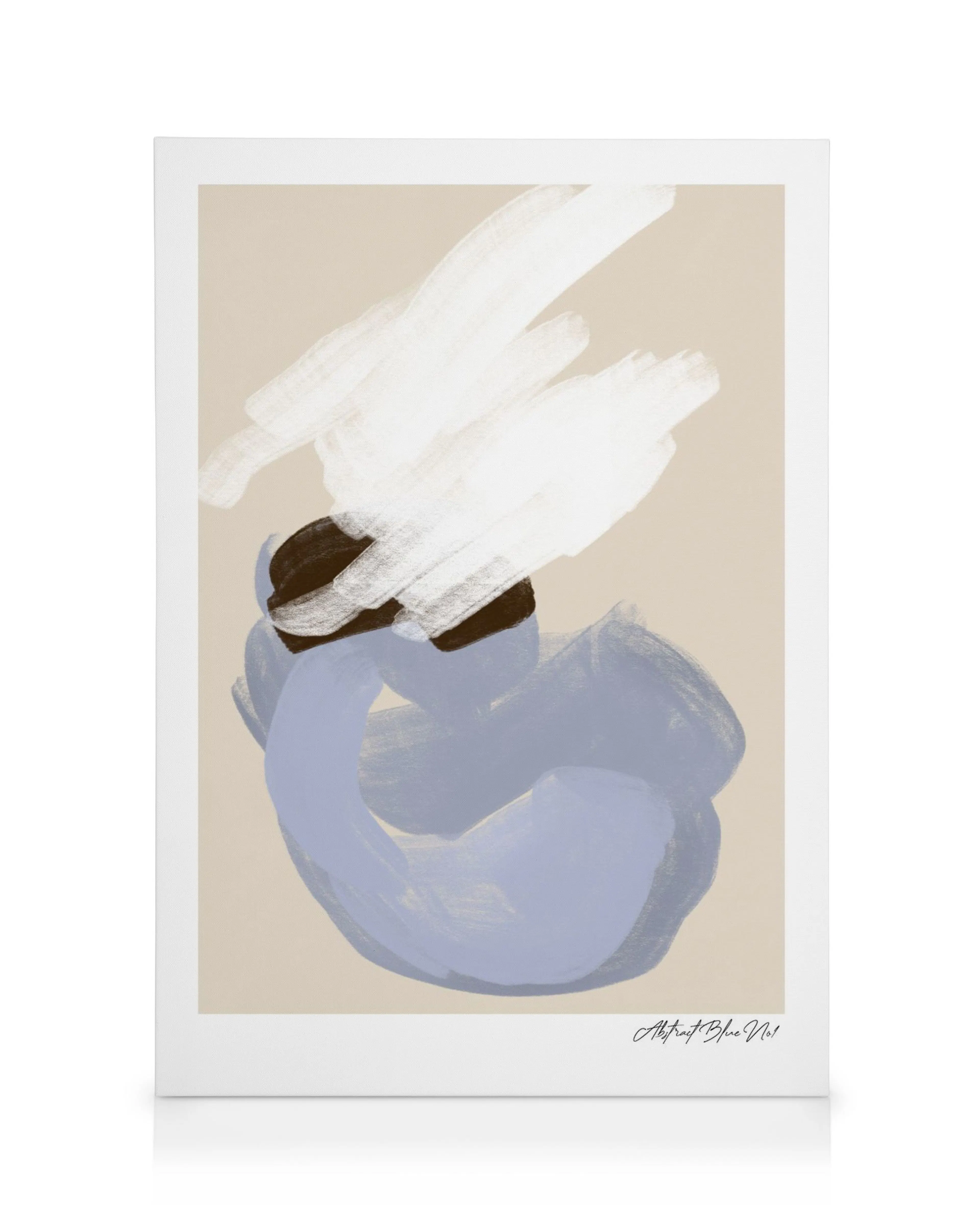 Lienzo abstracto con pinceladas en azul, marrón, beige y blanco, ideal para galería.