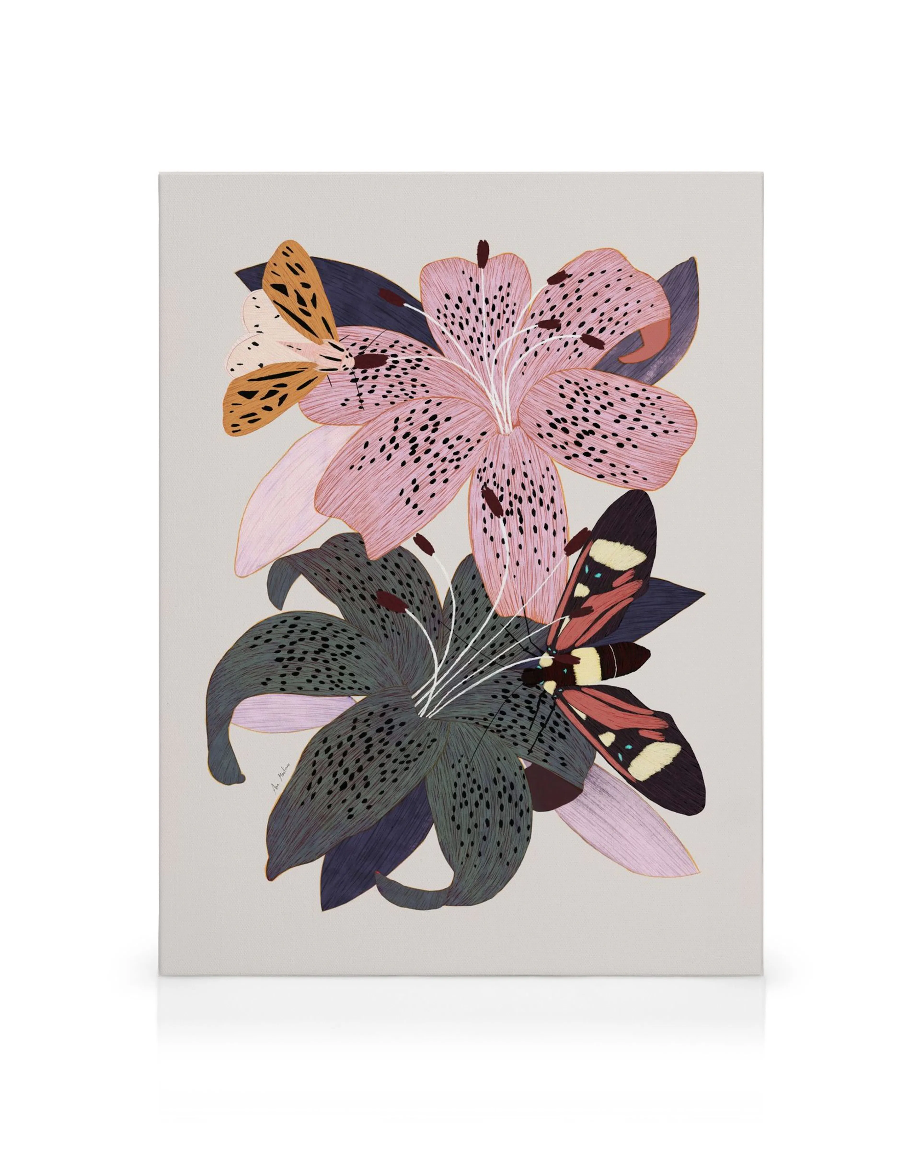Lilies and Butterflies canvas print with two lilies (pink and dark green) and two butterflies (orange and red) on a light gray b