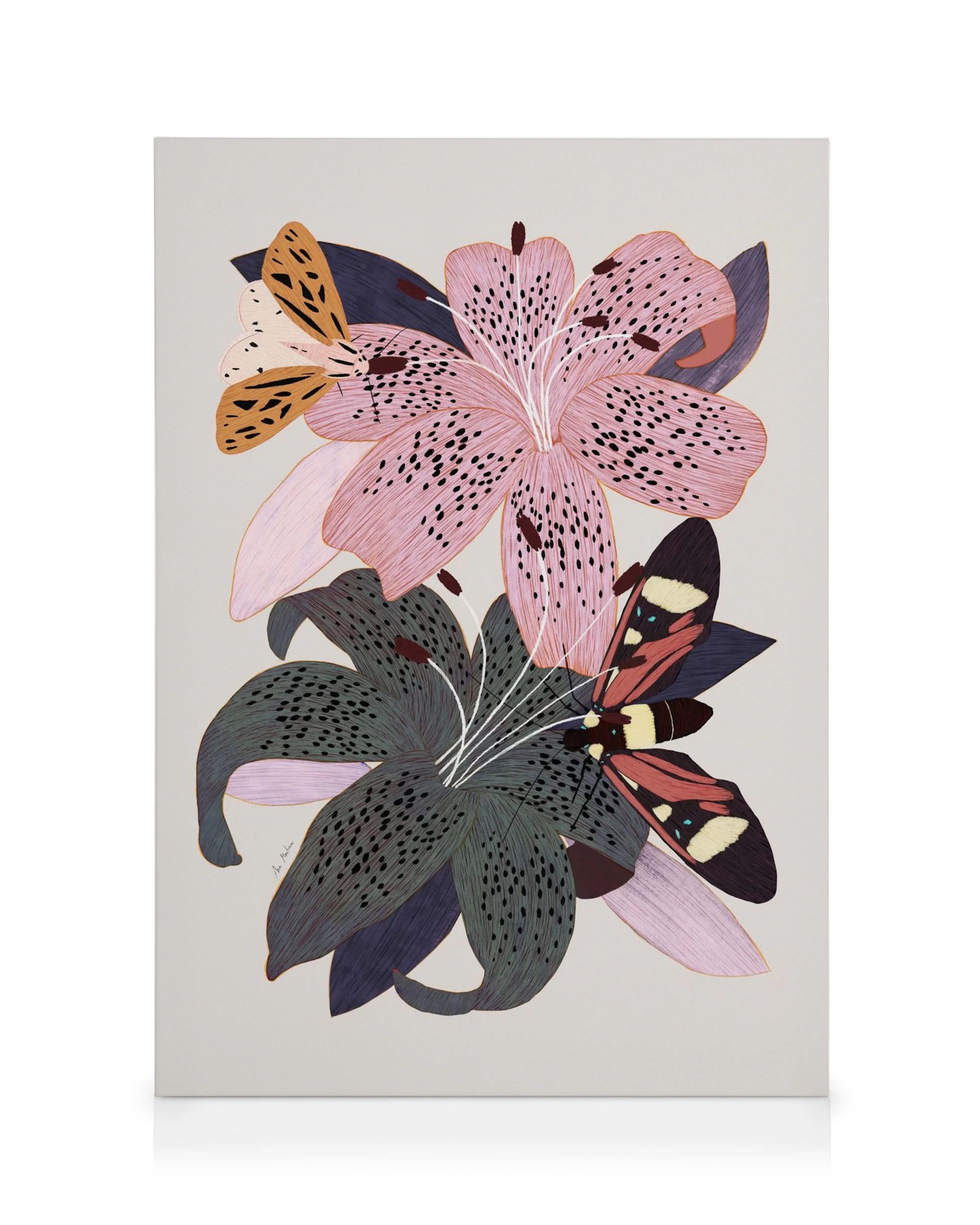 Canvas print with pink and green spotted lilies and three butterflies on a light background.