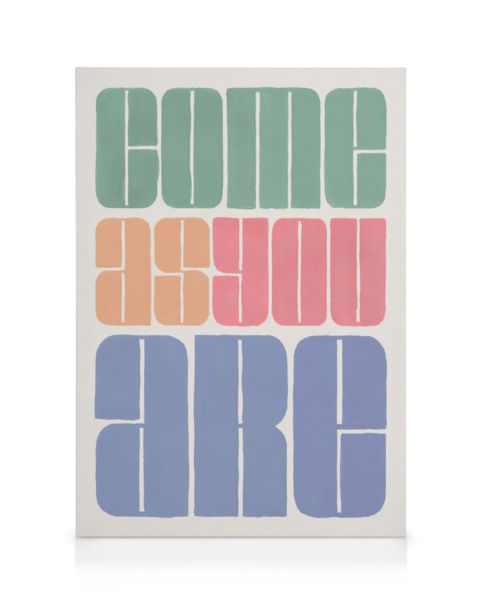 Lienzo Come As You Are con letras grandes verdes, naranjas y azules, pinceladas visibles sobre fondo blanco.