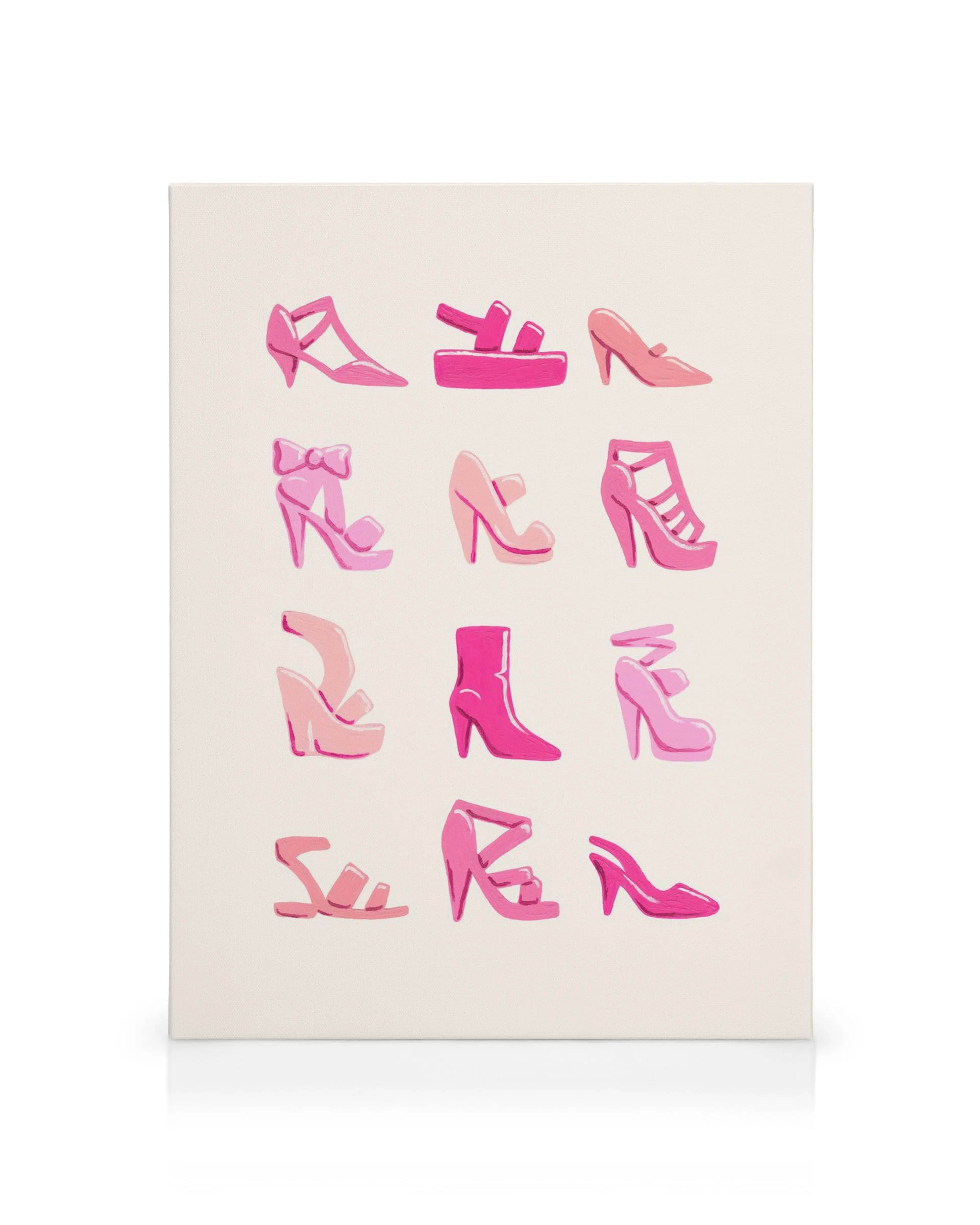 Leinwand mit zwölf gemalten rosa Damenschuhen in verschiedenen Designs, von Sandalen bis Stiefeln.