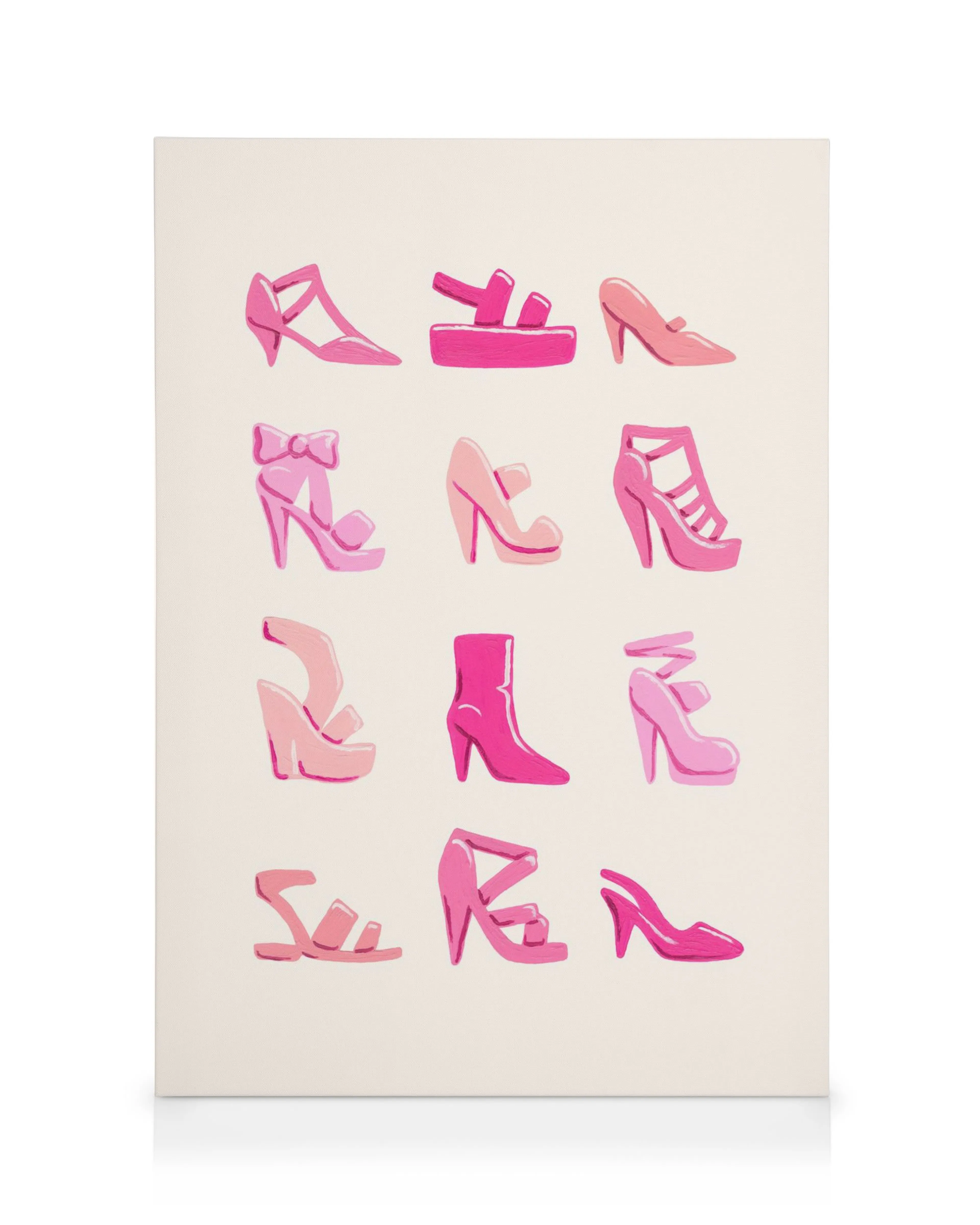 Lienzo de zapatos rosas: doce diseños únicos, incluyendo tacones, botas y sandalias, sobre fondo blanco.