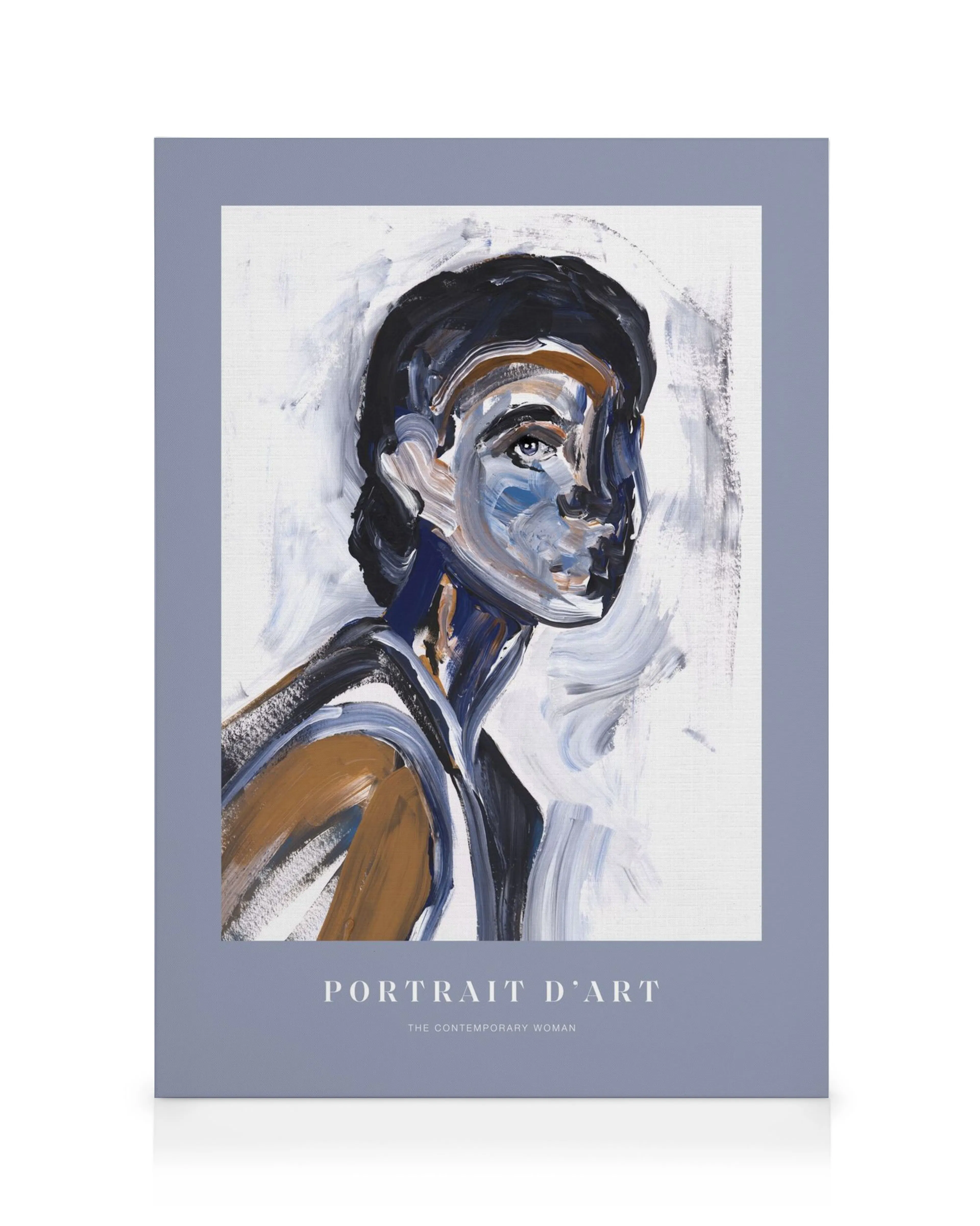 Abstract female portrait canvas print with bold blue, brown, and white brushstrokes, depicting a contemporary woman.