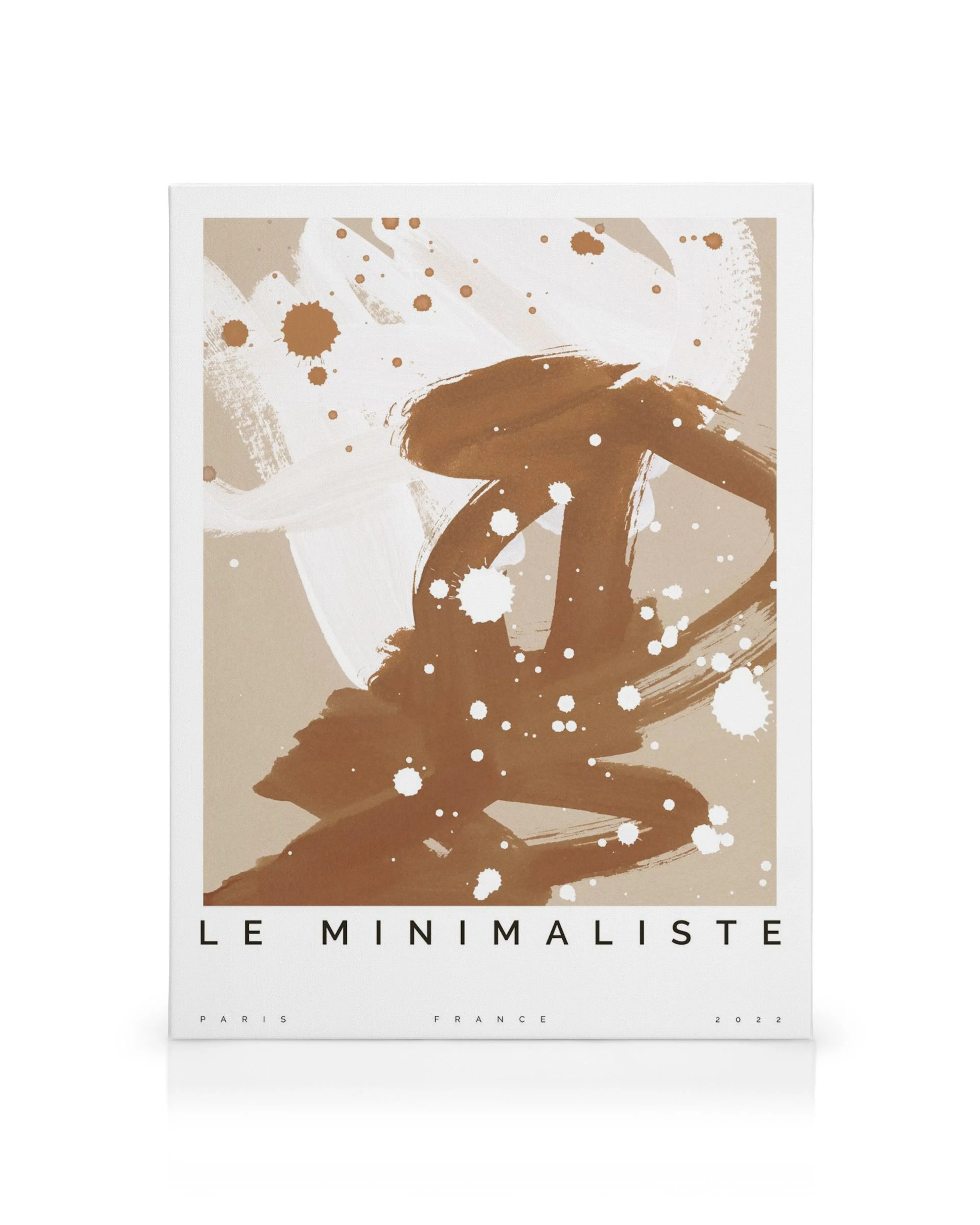 Abstract Le Minimaliste canvas print with white, brown, and beige brush strokes and paint splatters on a white background.