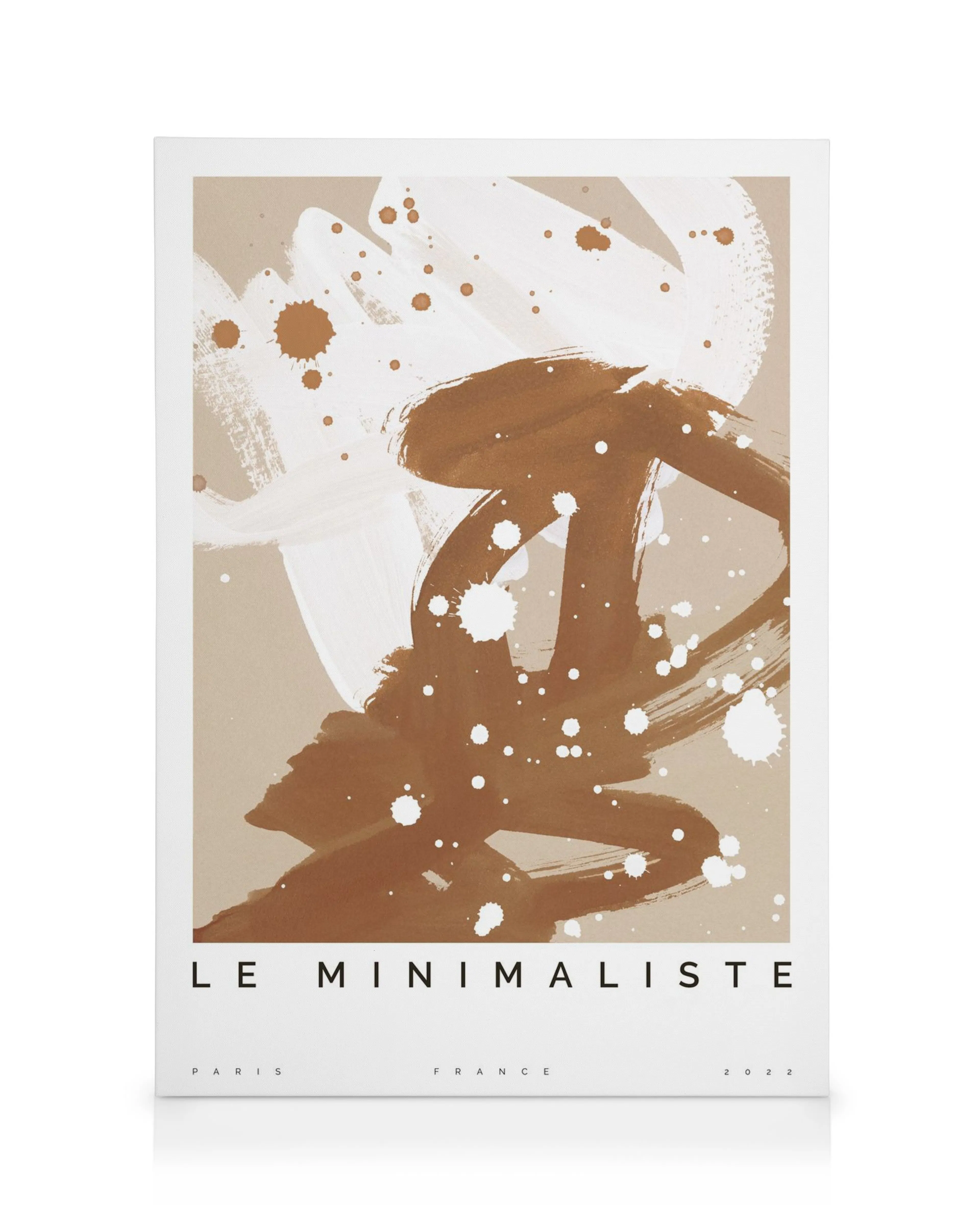 Abstract Le Minimaliste canvas print with white, brown, and beige brush strokes and paint splatters on a white background.