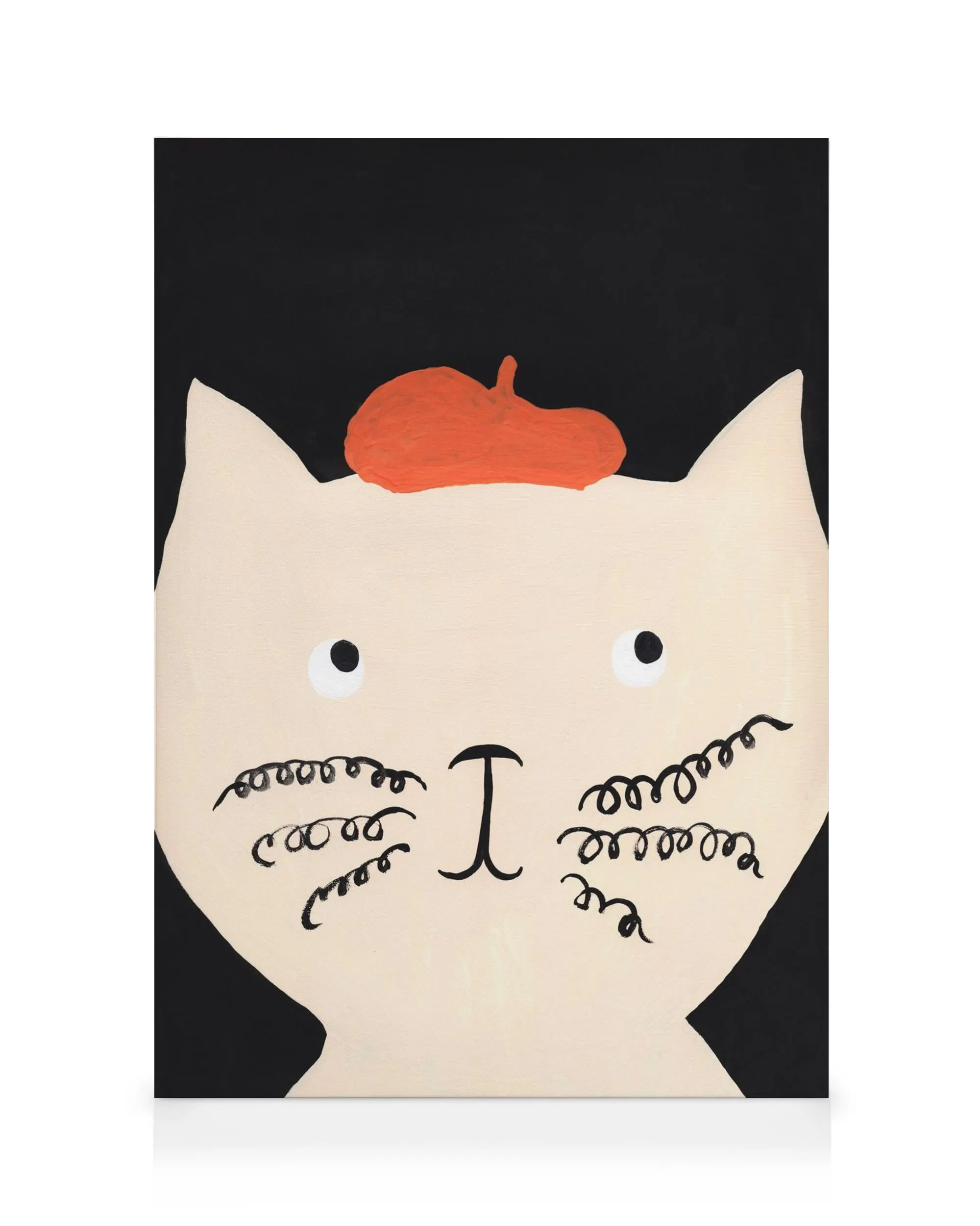 The Cat Canvas: white cat with black eyes, nose, and curly whiskers, wearing a red beret against a black background.