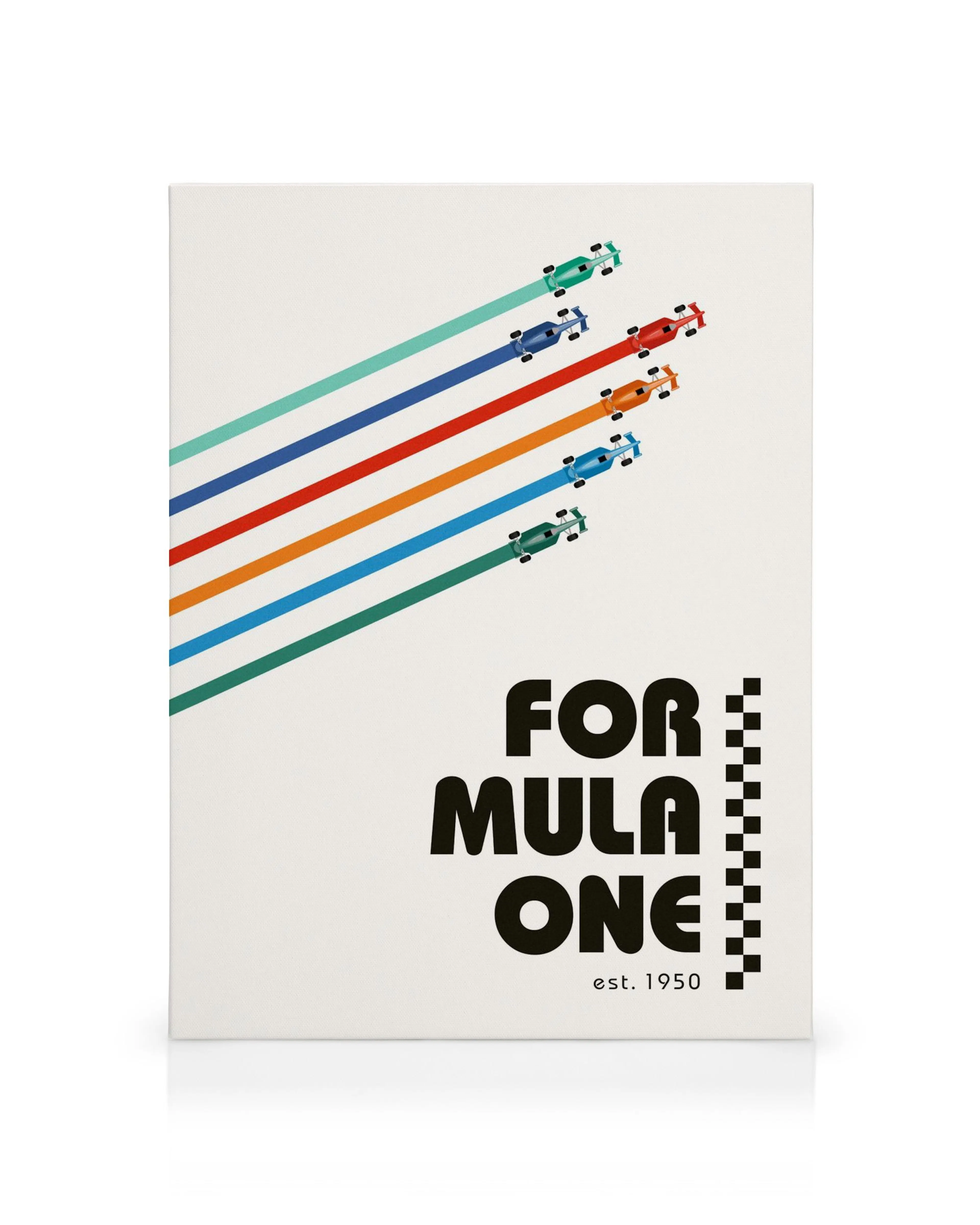 Formula One canvas print with colorful F1 racing cars and bold Formula One text on a white background.