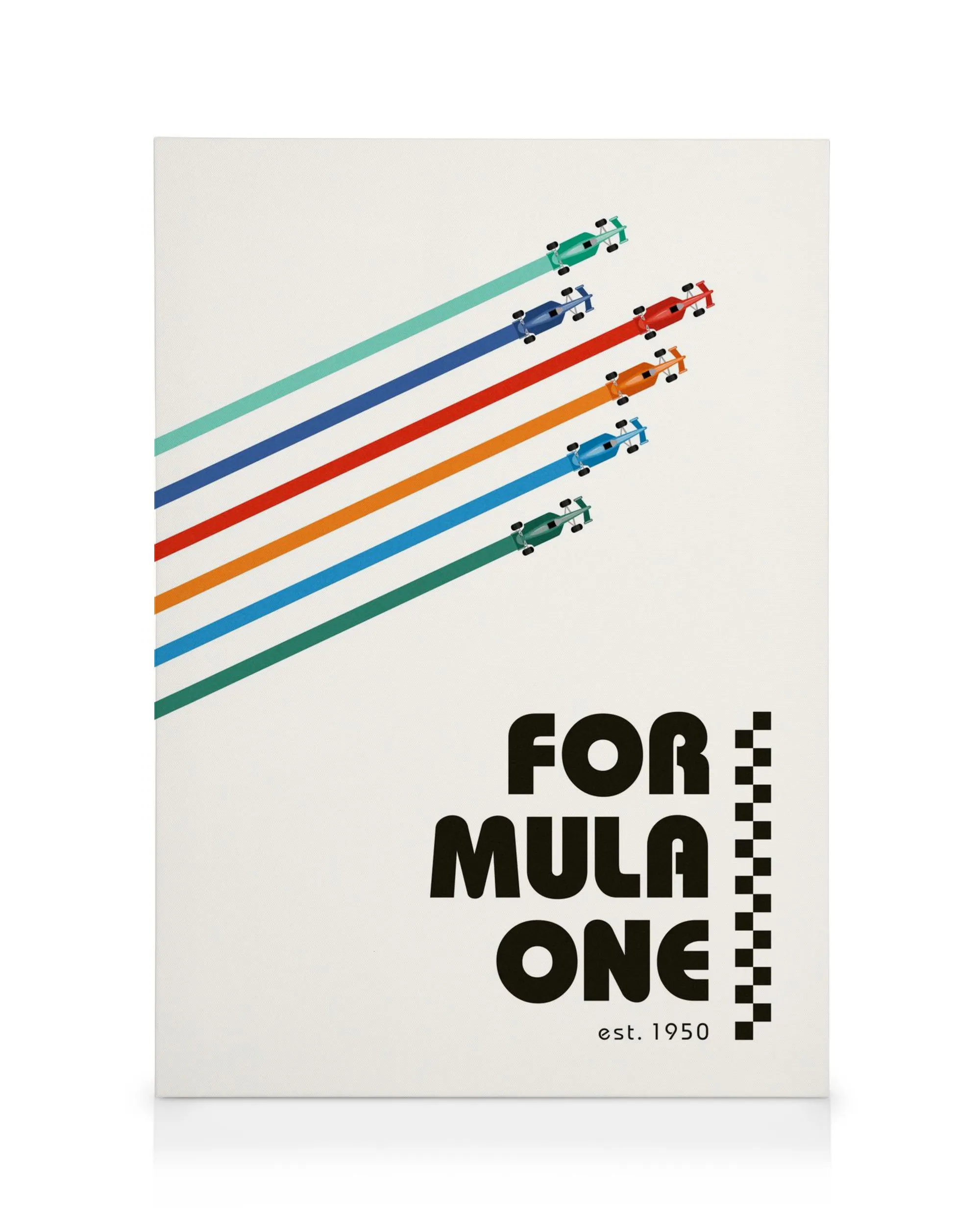 Formula One canvas print with colorful race cars and Formula One est. 1950 text, racing art.