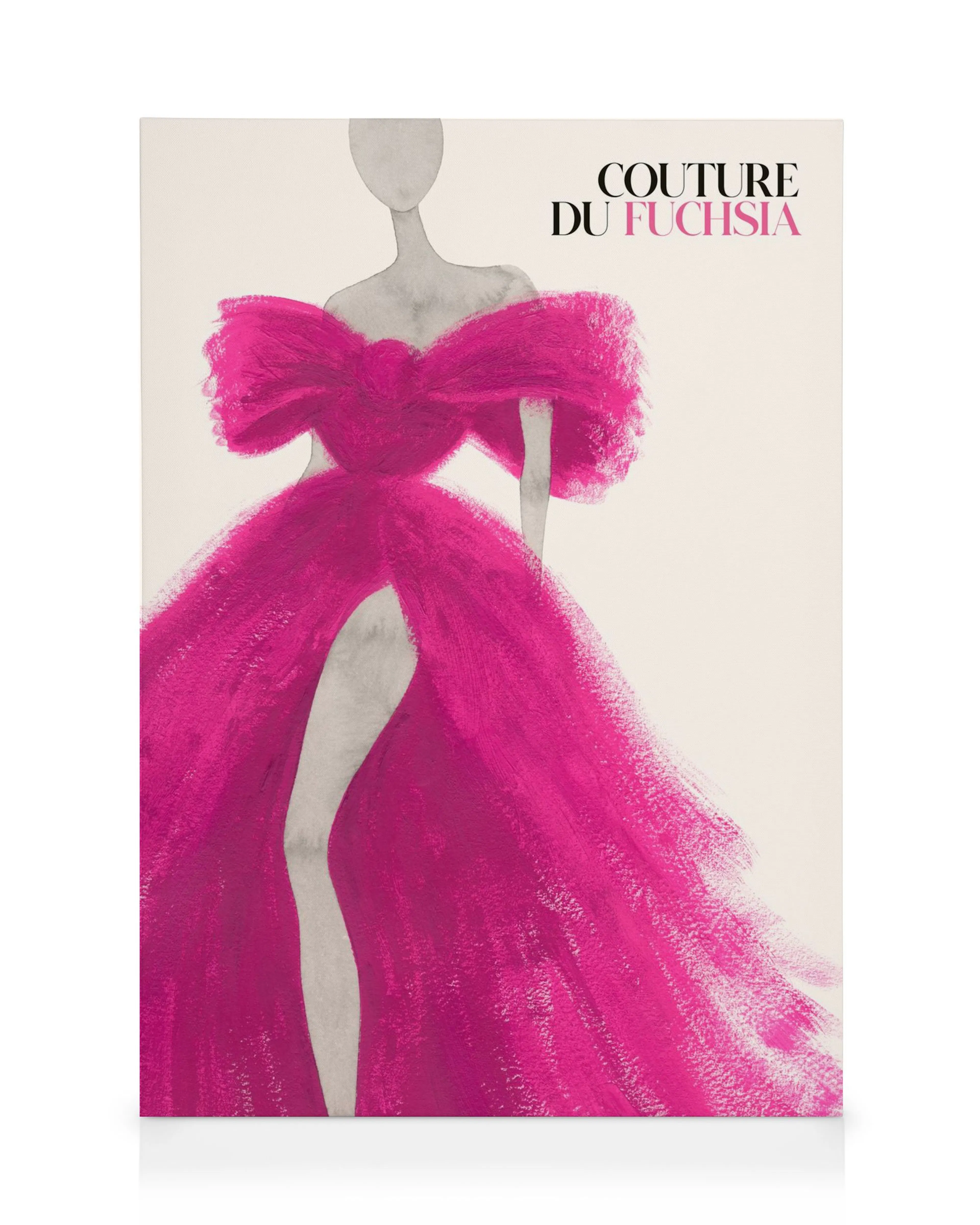 Fashion illustration of a figure in a vibrant fuchsia pink couture dress on a white background, Couture Du Fuchsia text.