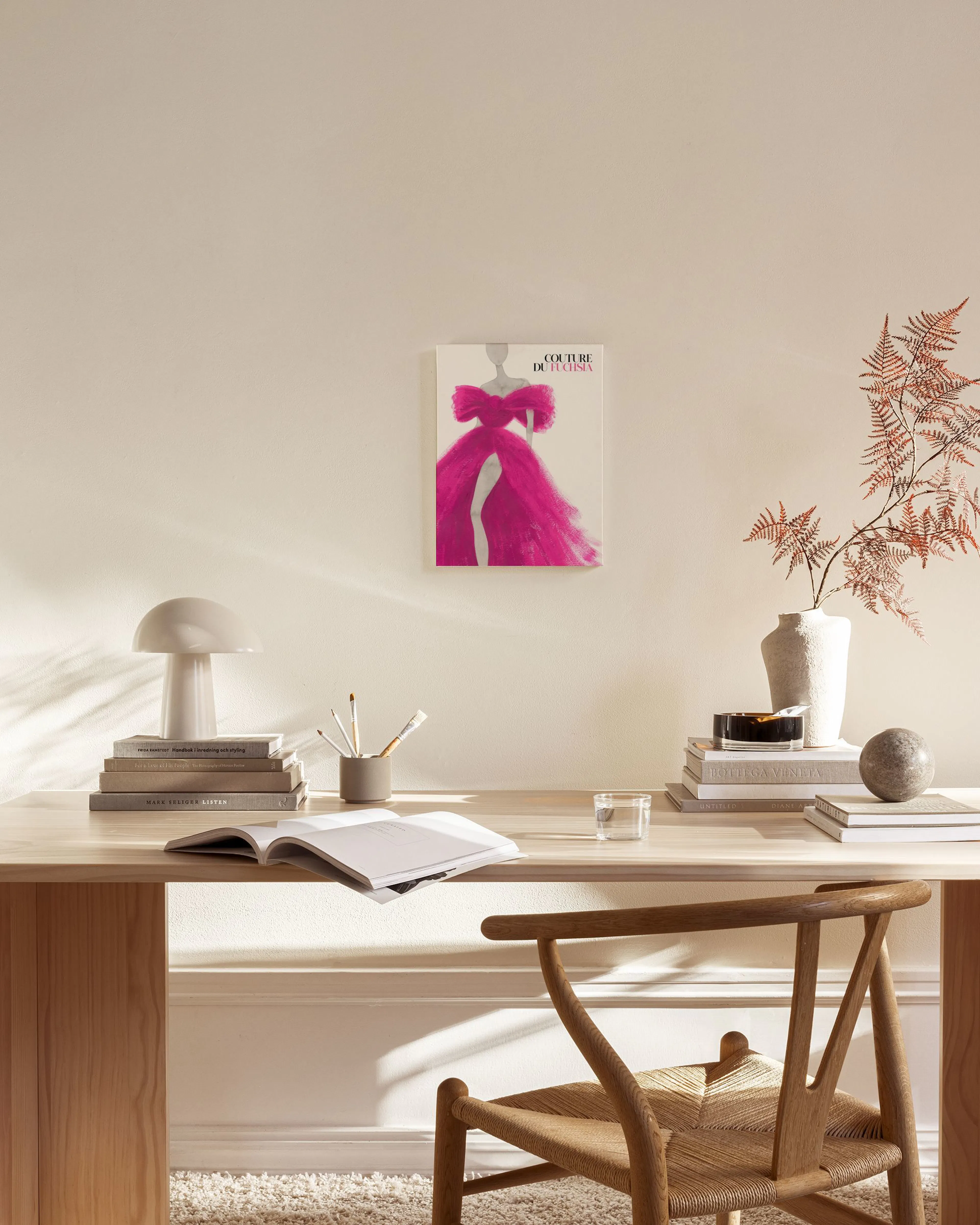 Fashion illustration of a woman in a vibrant fuchsia gown, hanging in a chic living room with a light wood chair and glass table