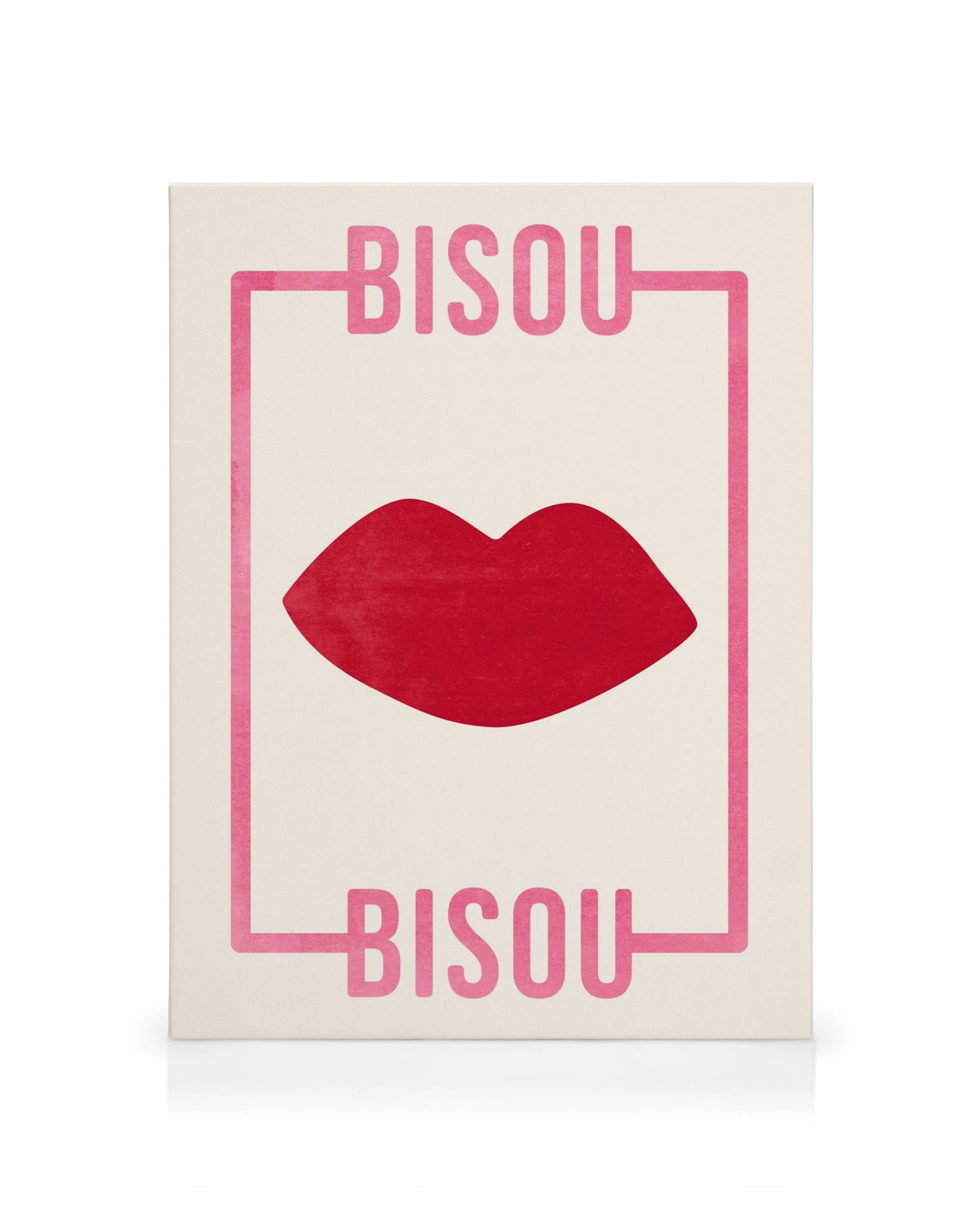 Καμβάς Bisou Bisou με κόκκινα χείλη και ροζ γράμματα, μοντέρνα τέχνη.