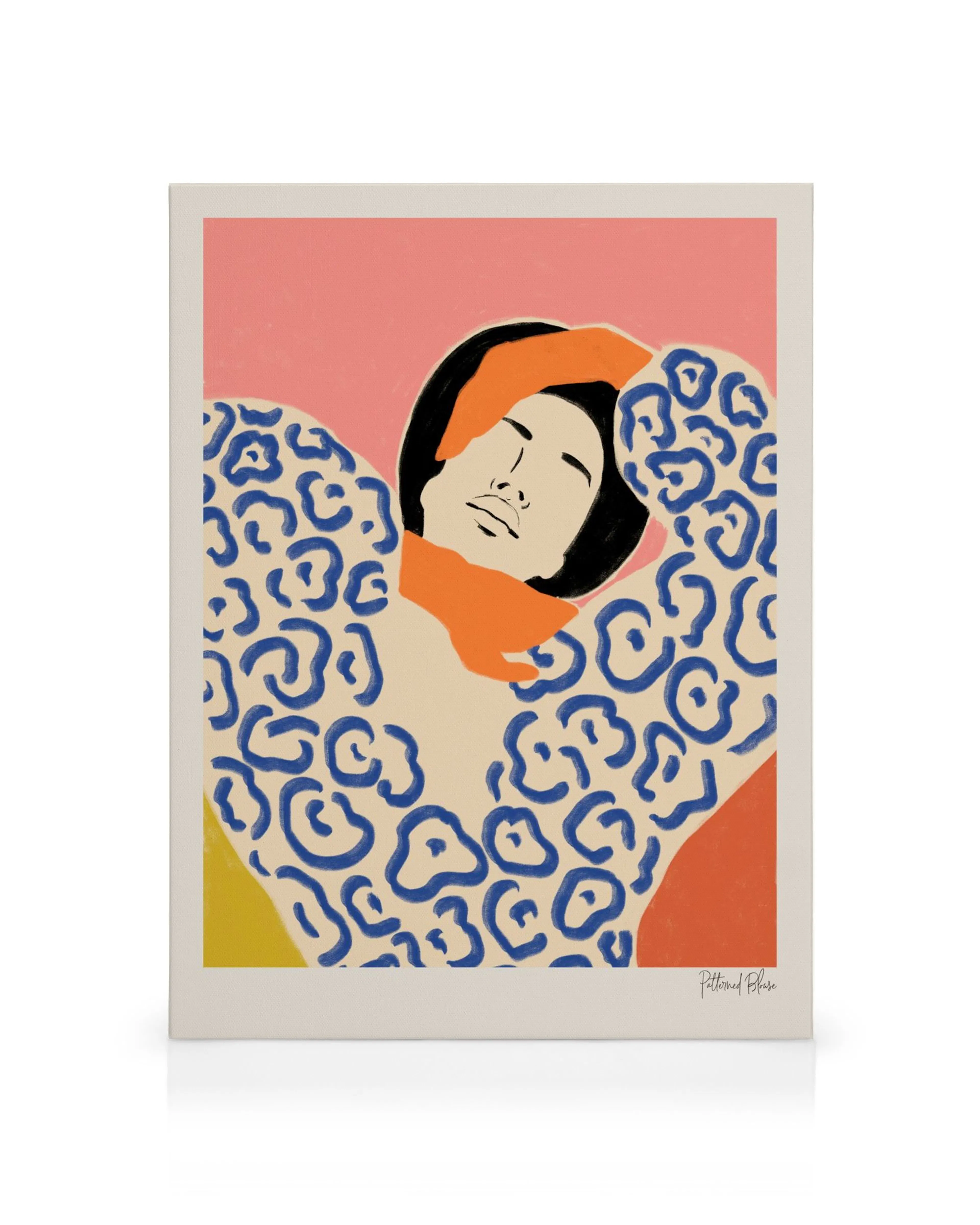 Patterned Blouse canvas print featuring a person in a leopard print blouse with hands behind their head, against a pink backgrou