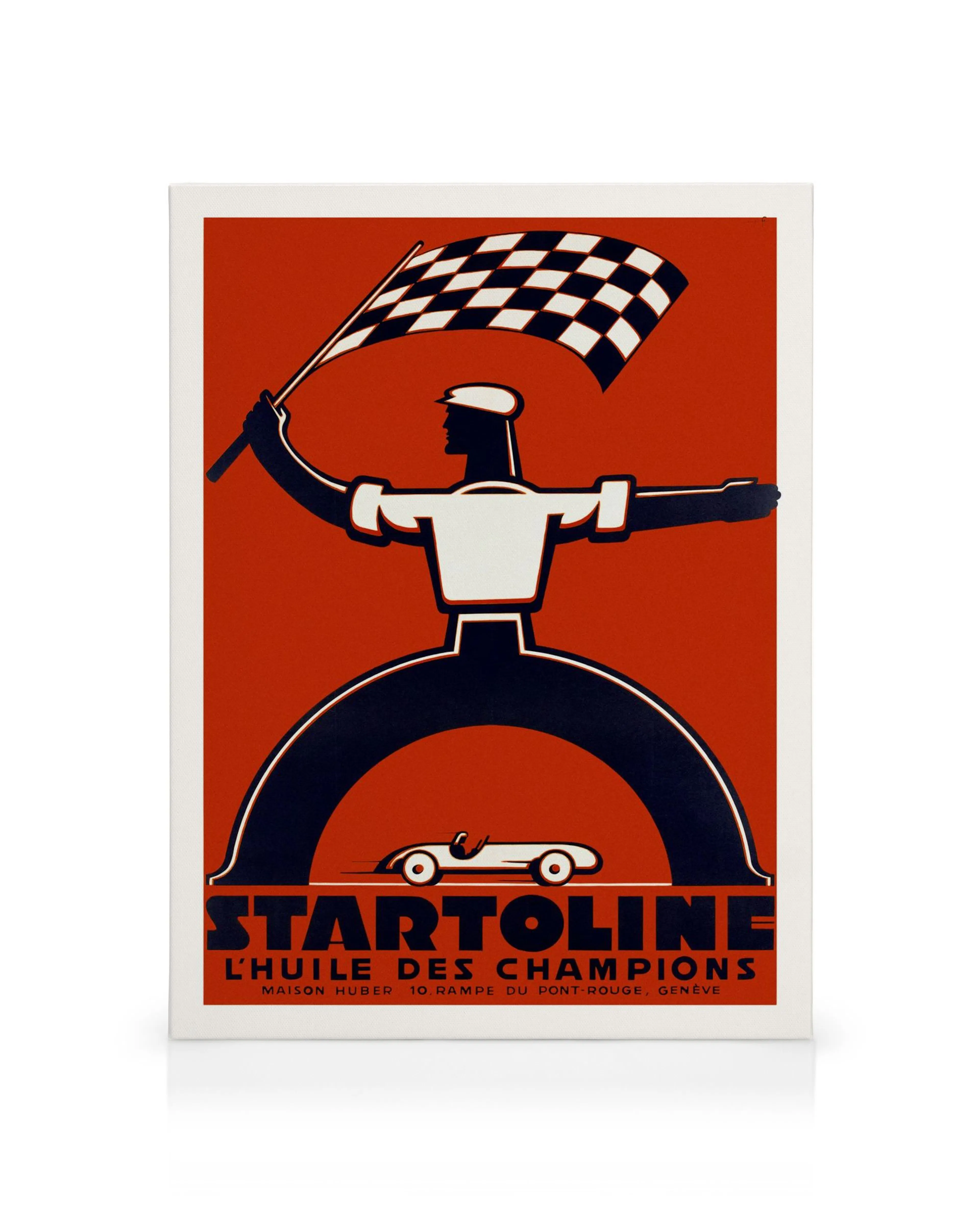 Startoline vintage racing poster, red background with a stylised man holding a checkered flag, a classic race car below.