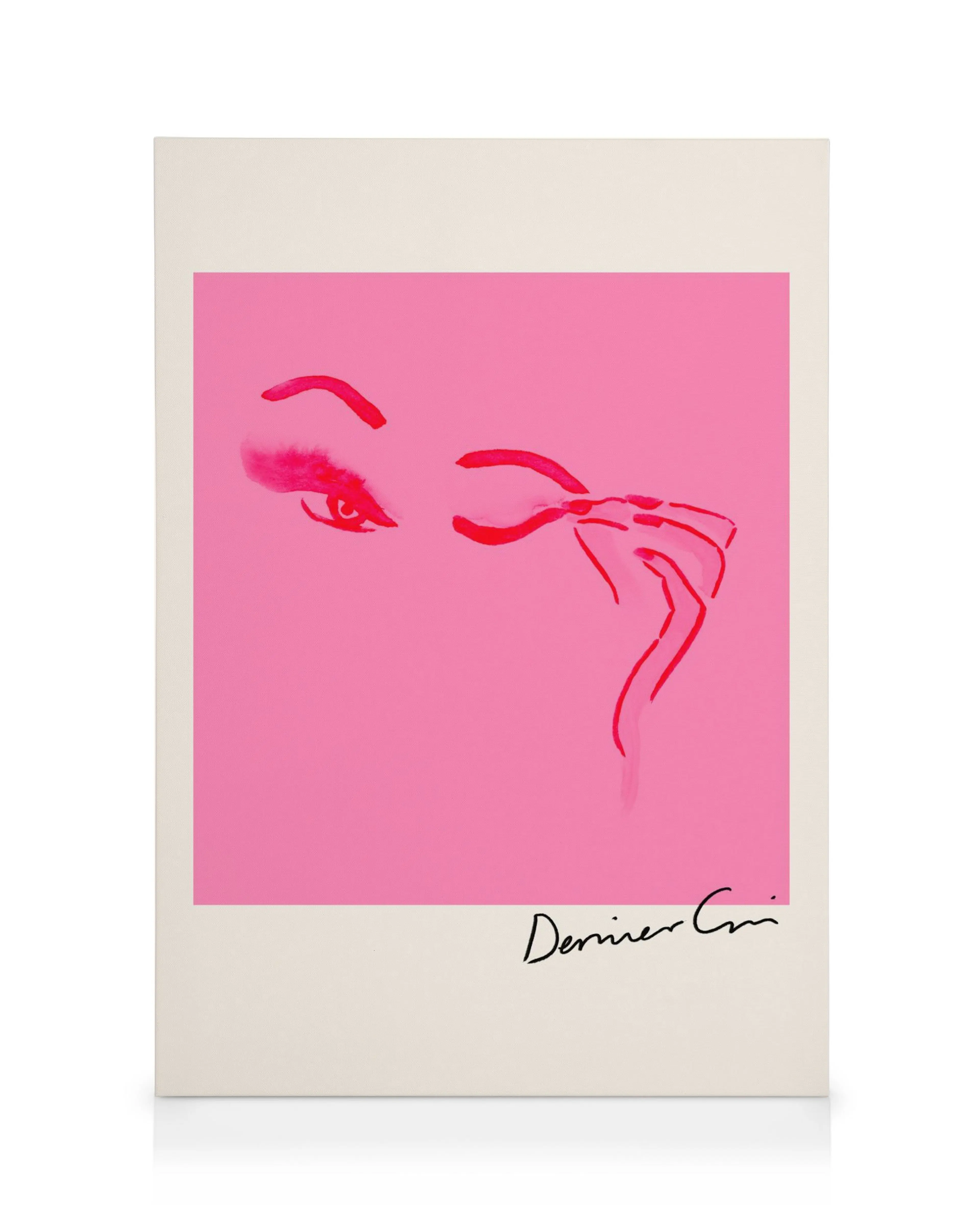 Roze canvas met rode penseelstreken die ogen en lippen vormen, met handtekening Dernier Cri.