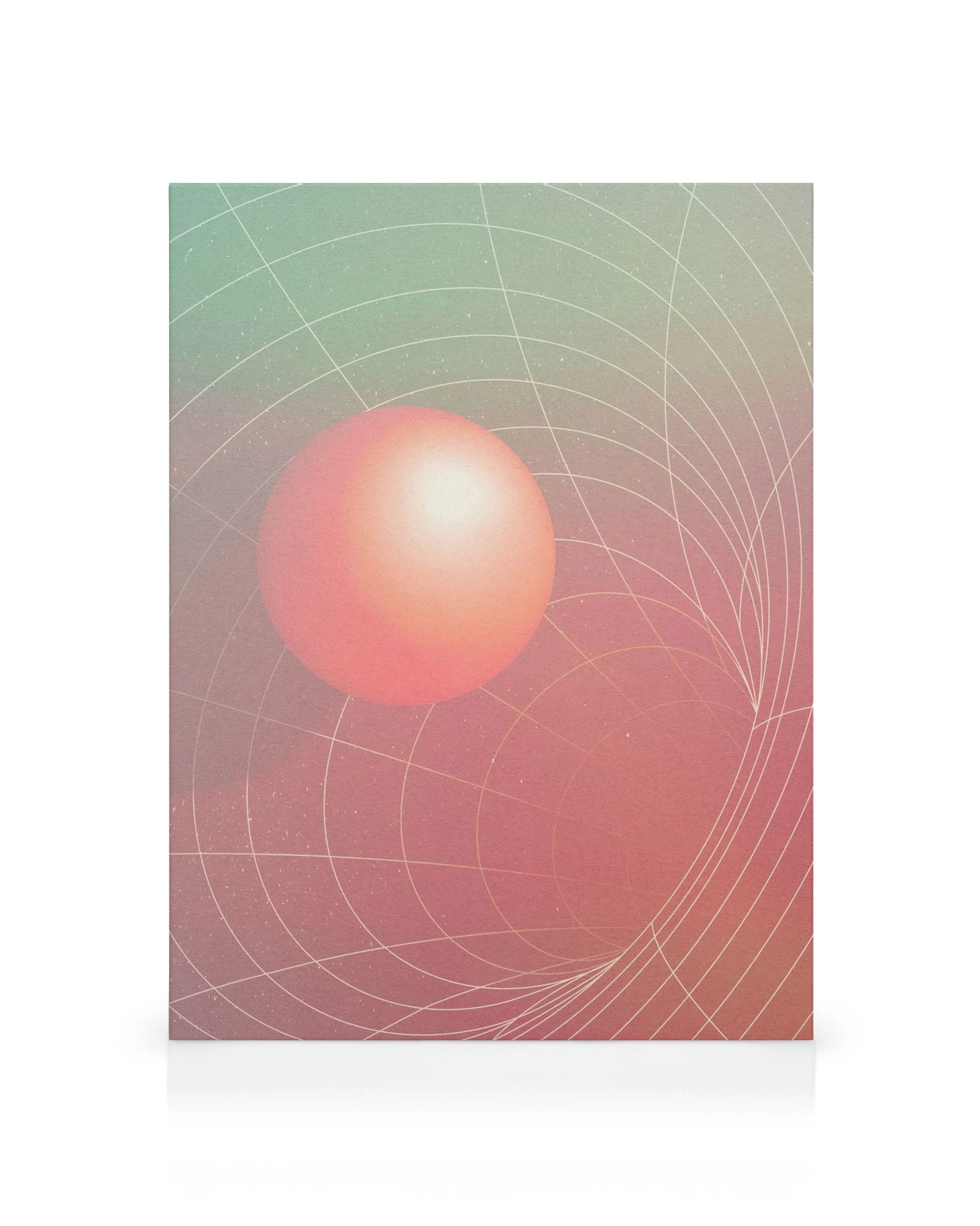 Futuristisches Leinwandbild: glühende orange Kugel, umgeben von weißen Linien auf einem Farbverlauf von Grün zu Rot.