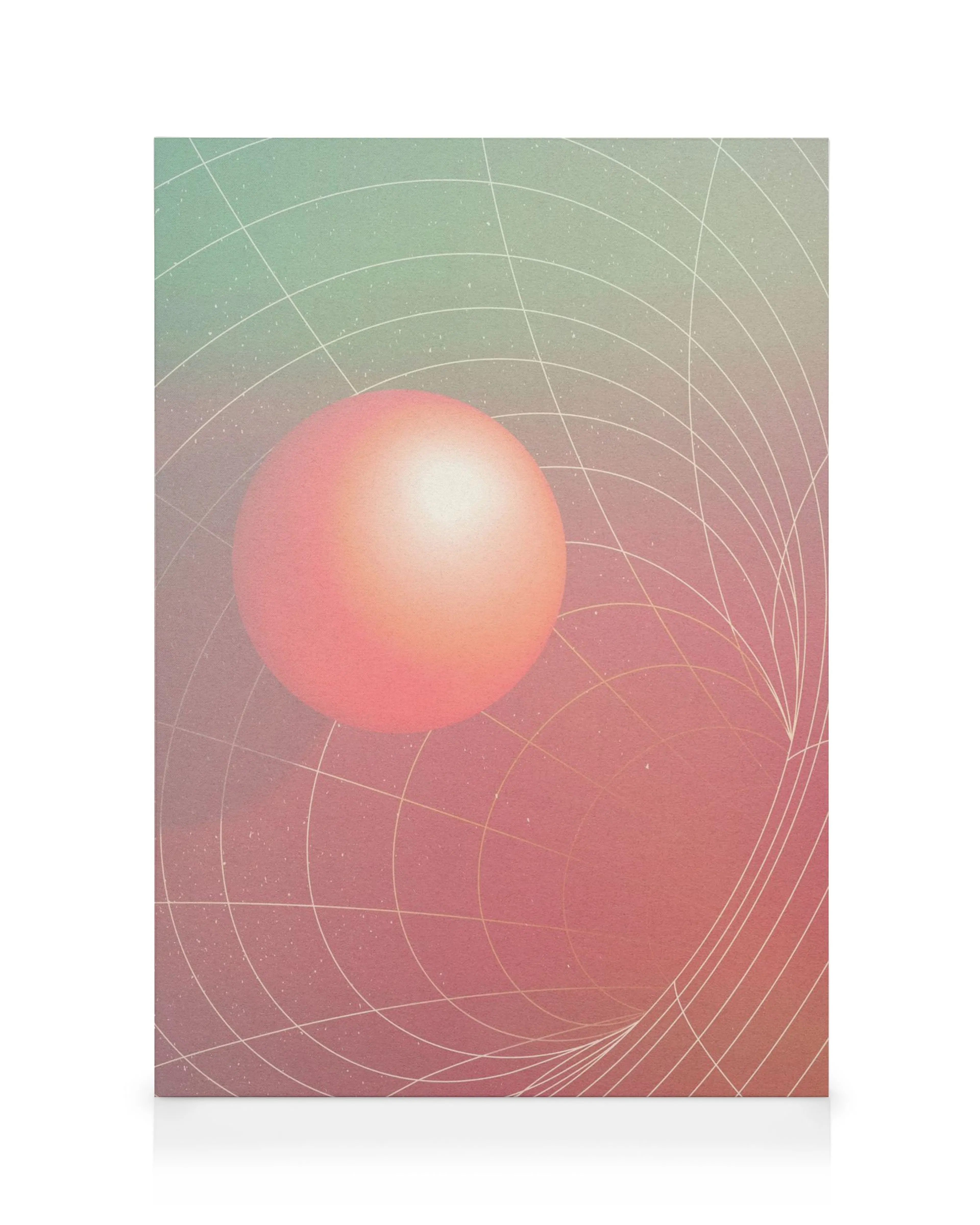 Futuristic sphere canvas print with a glowing orange orb against a green and pink gradient, featuring subtle grid lines.
