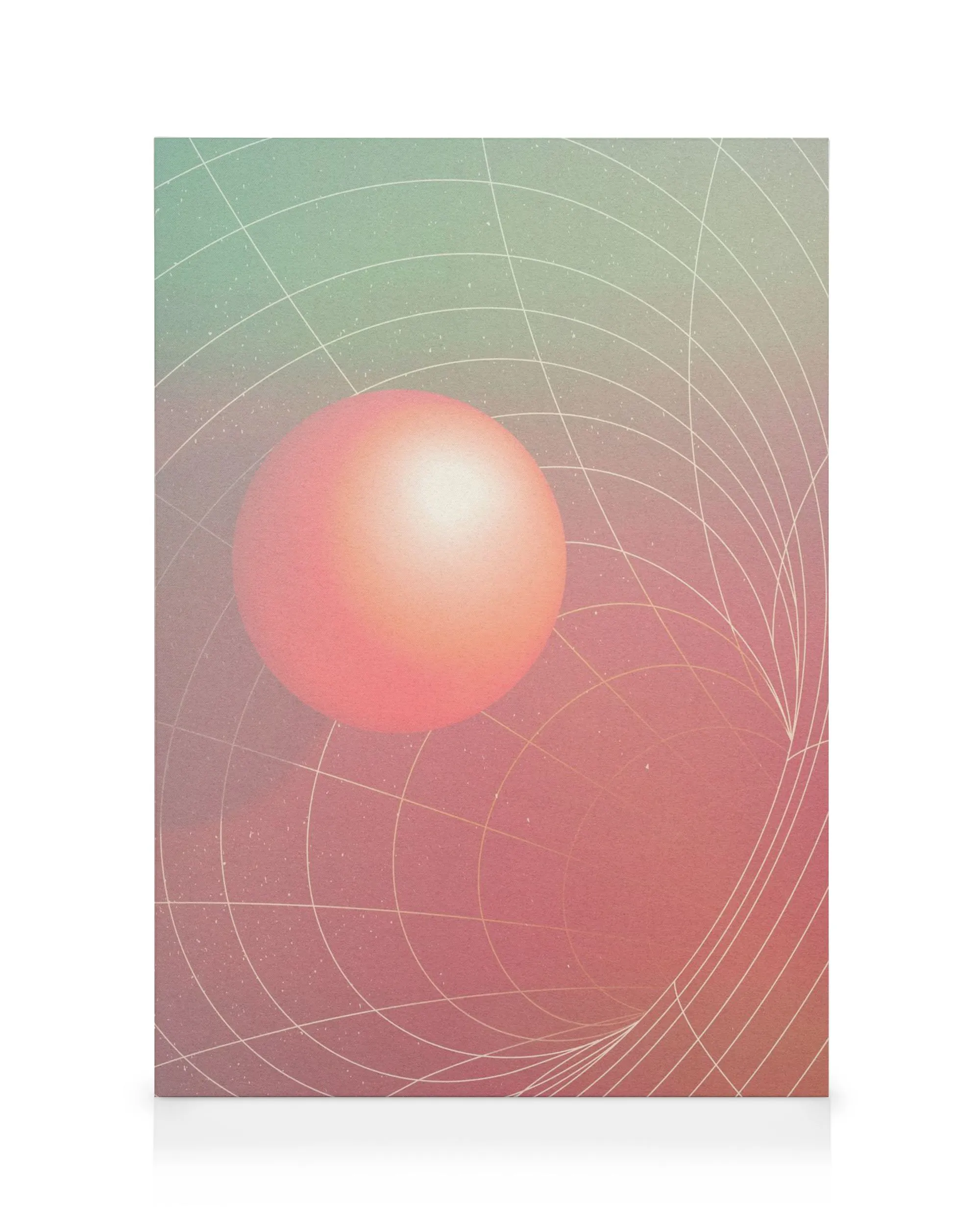 Futuristisk, fargerikt lerret med en rosa og oransje kule, hvite linjer, og en drømmeaktig bakgrunn i grønt og rosa.