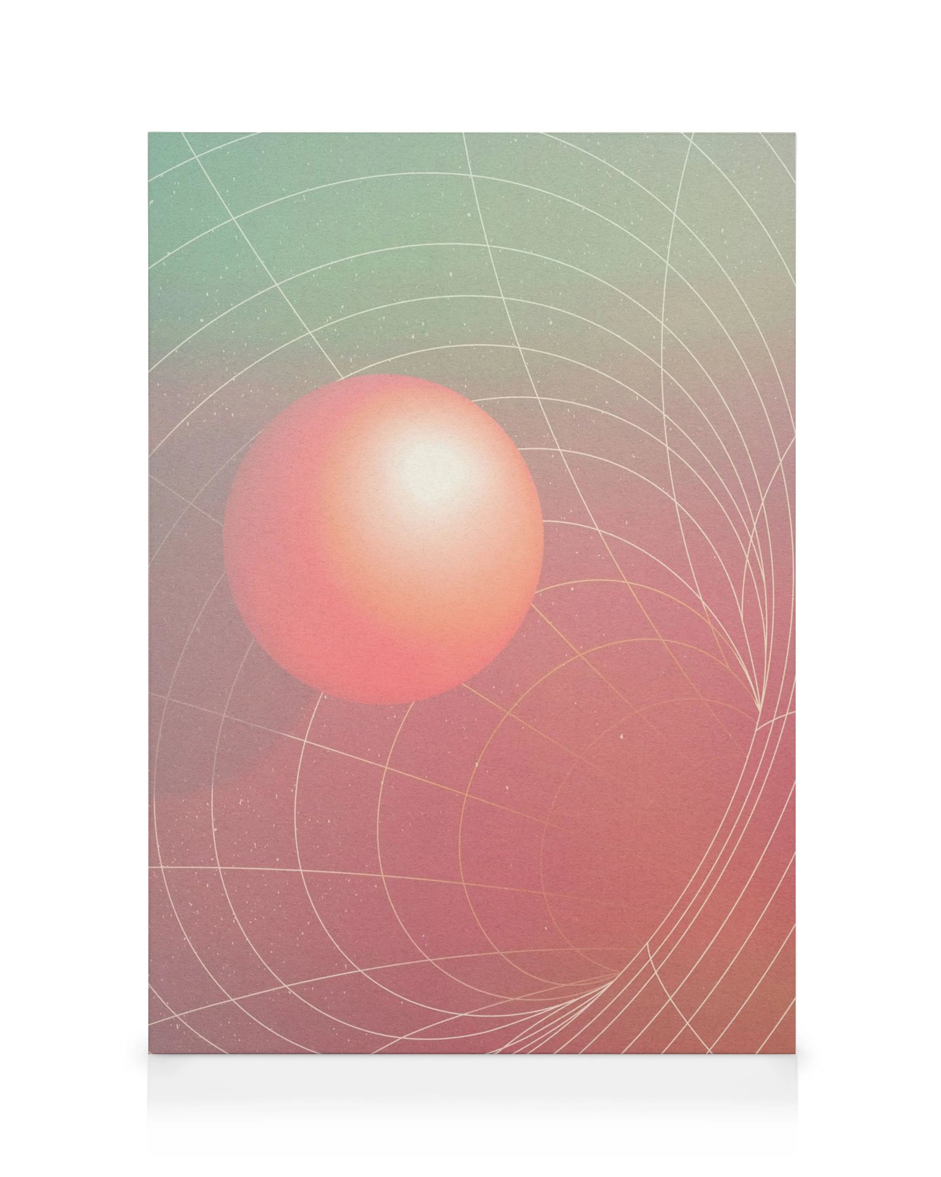 Futuristisk, fargerikt lerret med en rosa og oransje kule, hvite linjer, og en drømmeaktig bakgrunn i grønt og rosa.