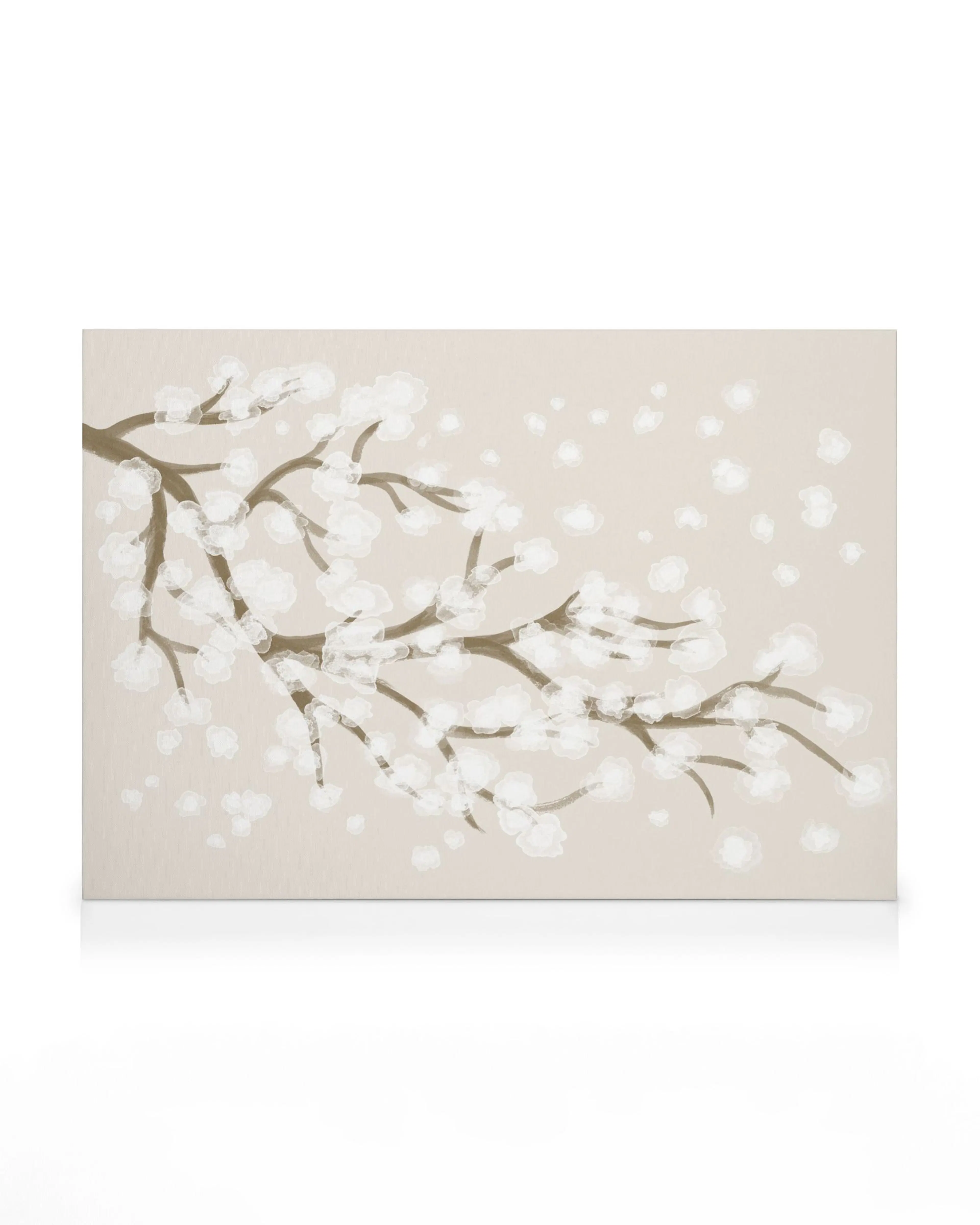 Japandi cherry blossom canvas print featuring delicate white blooms on brown branches against a beige background.