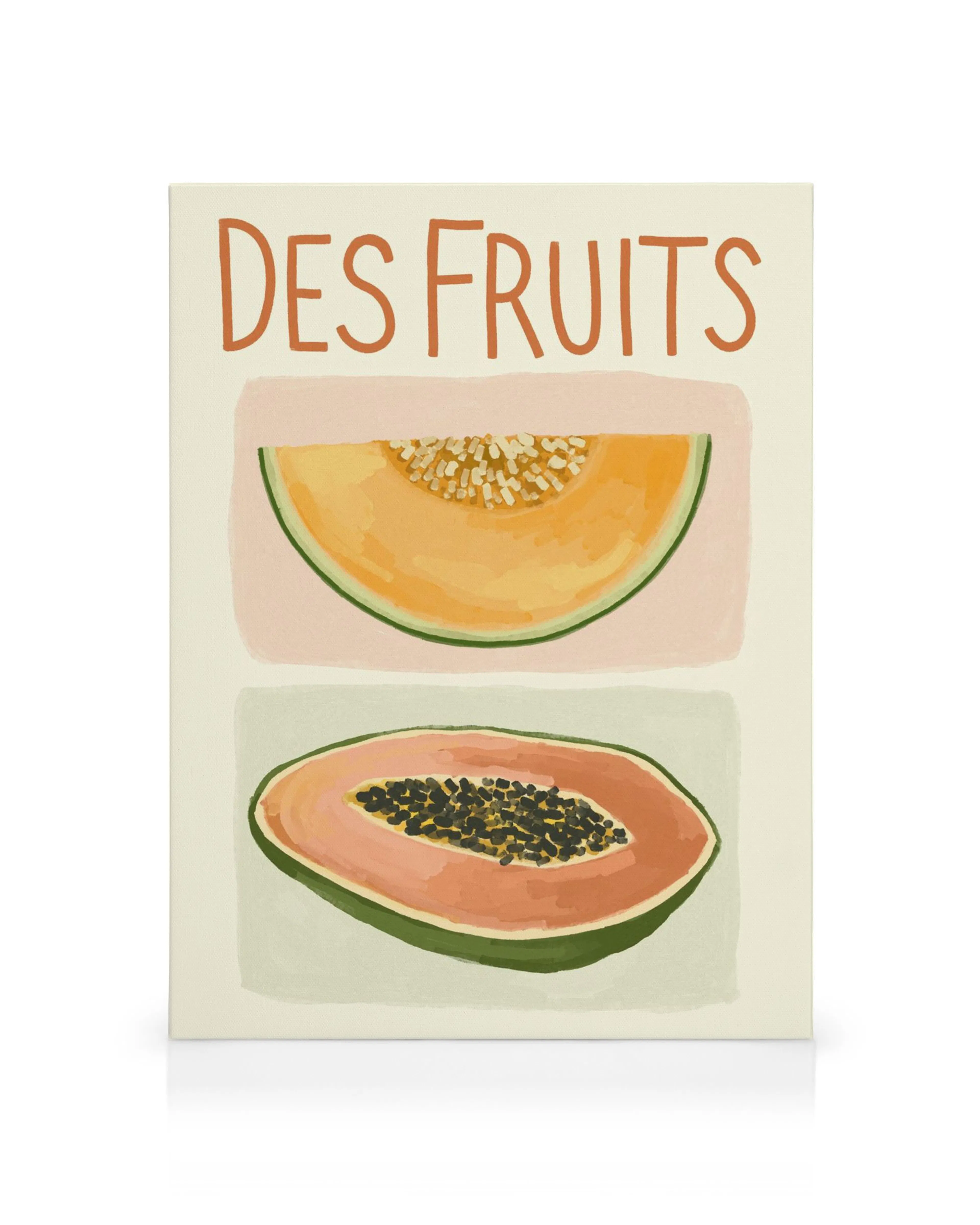 Lienzo vibrante con rodajas de melón y papaya pintadas, sobre fondo pastel, con la frase Des Fruits en naranja.