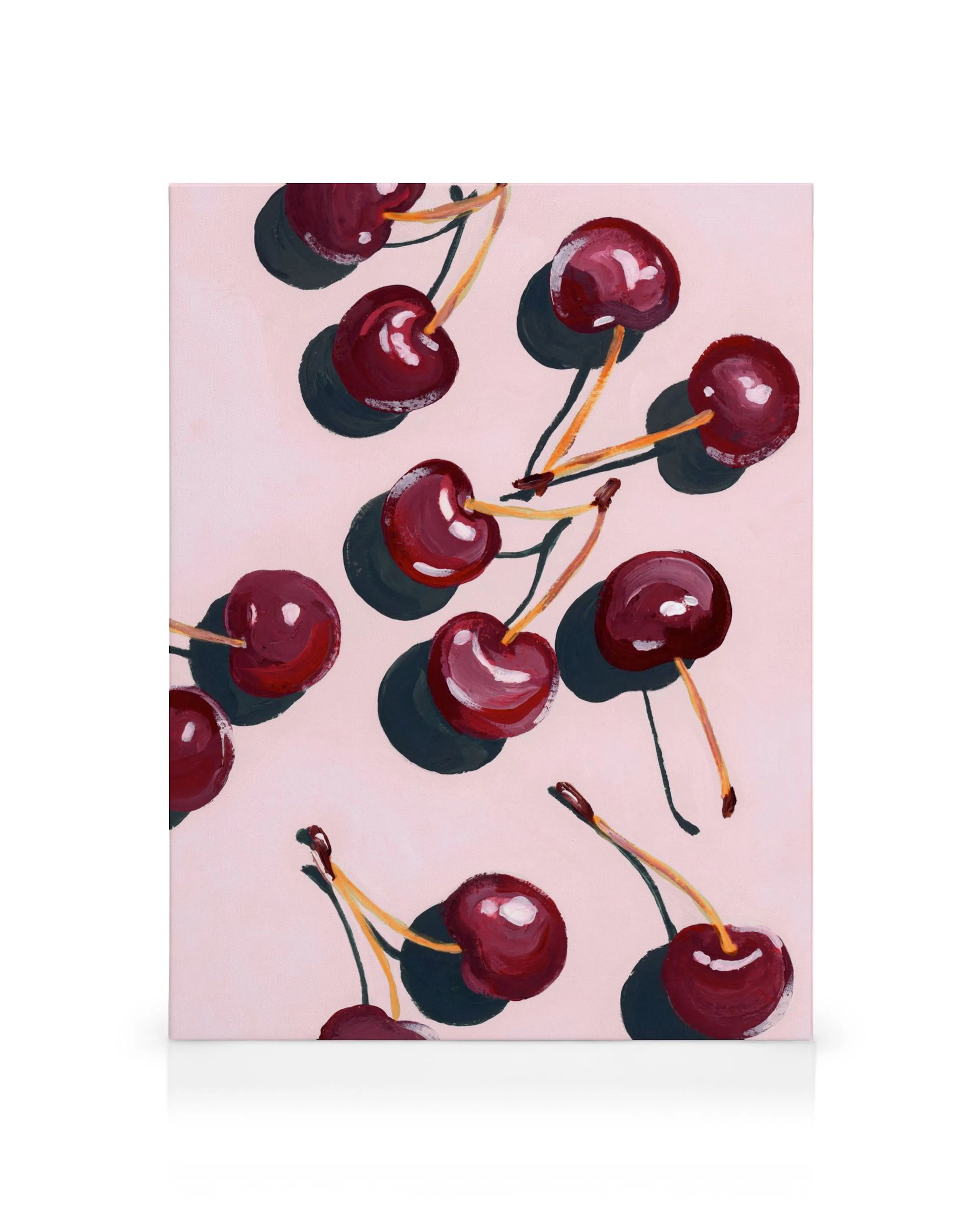Canvas met kersen op roze achtergrond, eenvoudige schilderstijl met hele en aangebeten kersen, bleke highlights en stelen.