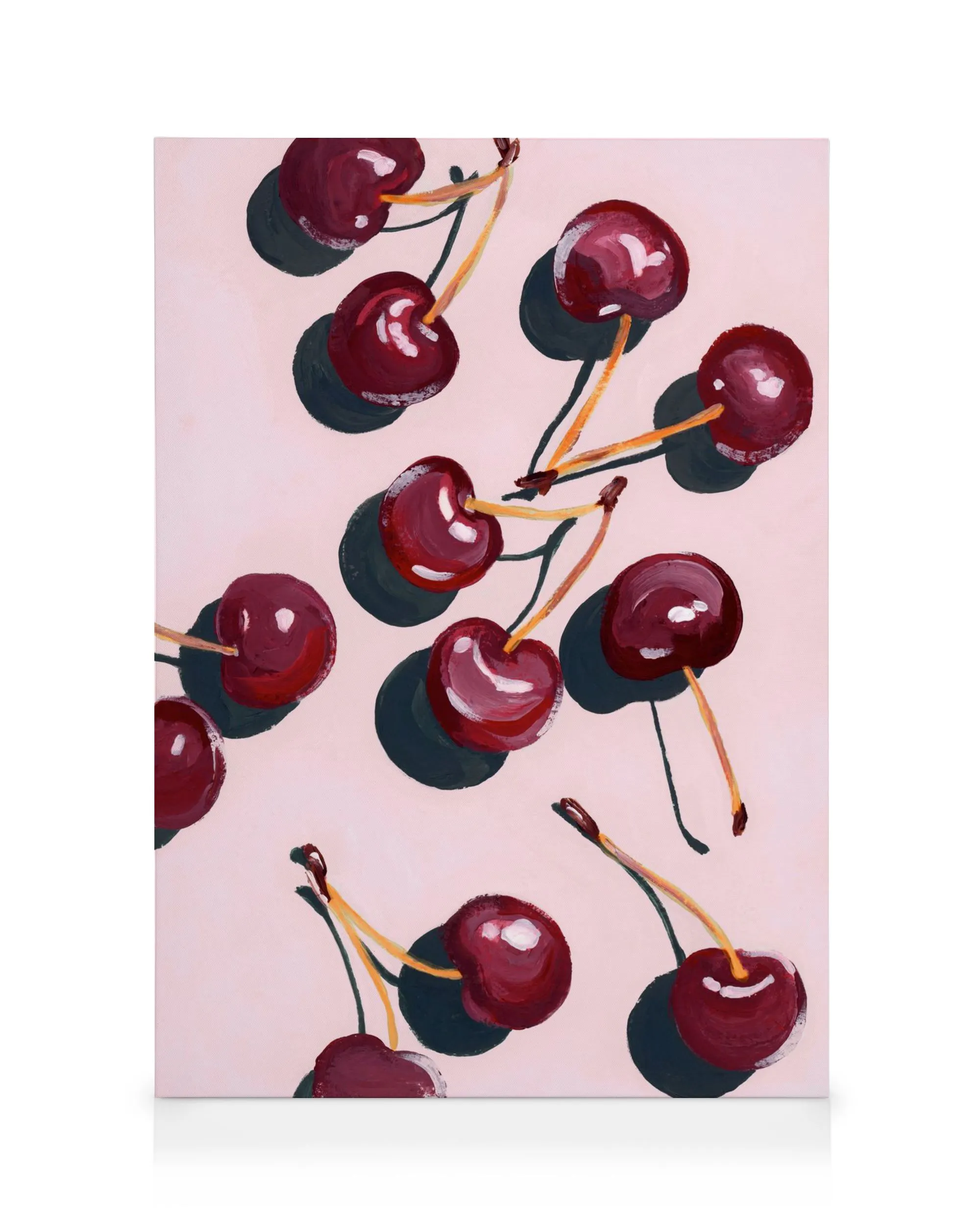 Cherry Art Canvas met rode kersen in eenvoudige schilderstijl, met highlights en stelen op een roze achtergrond.