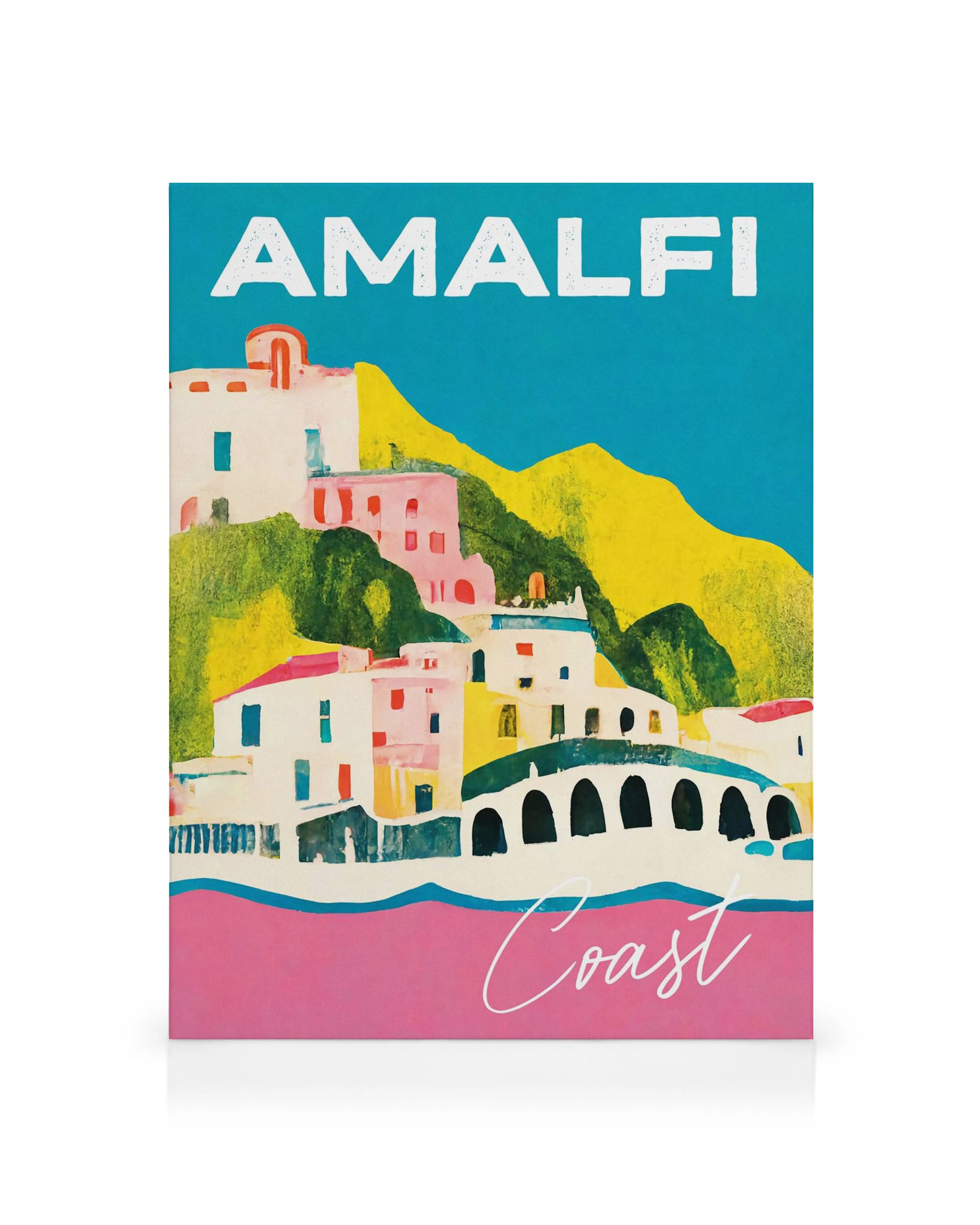 Vibrant Amalfi Coast canvas print with colorful houses and hills, and the text Amalfi Coast.
