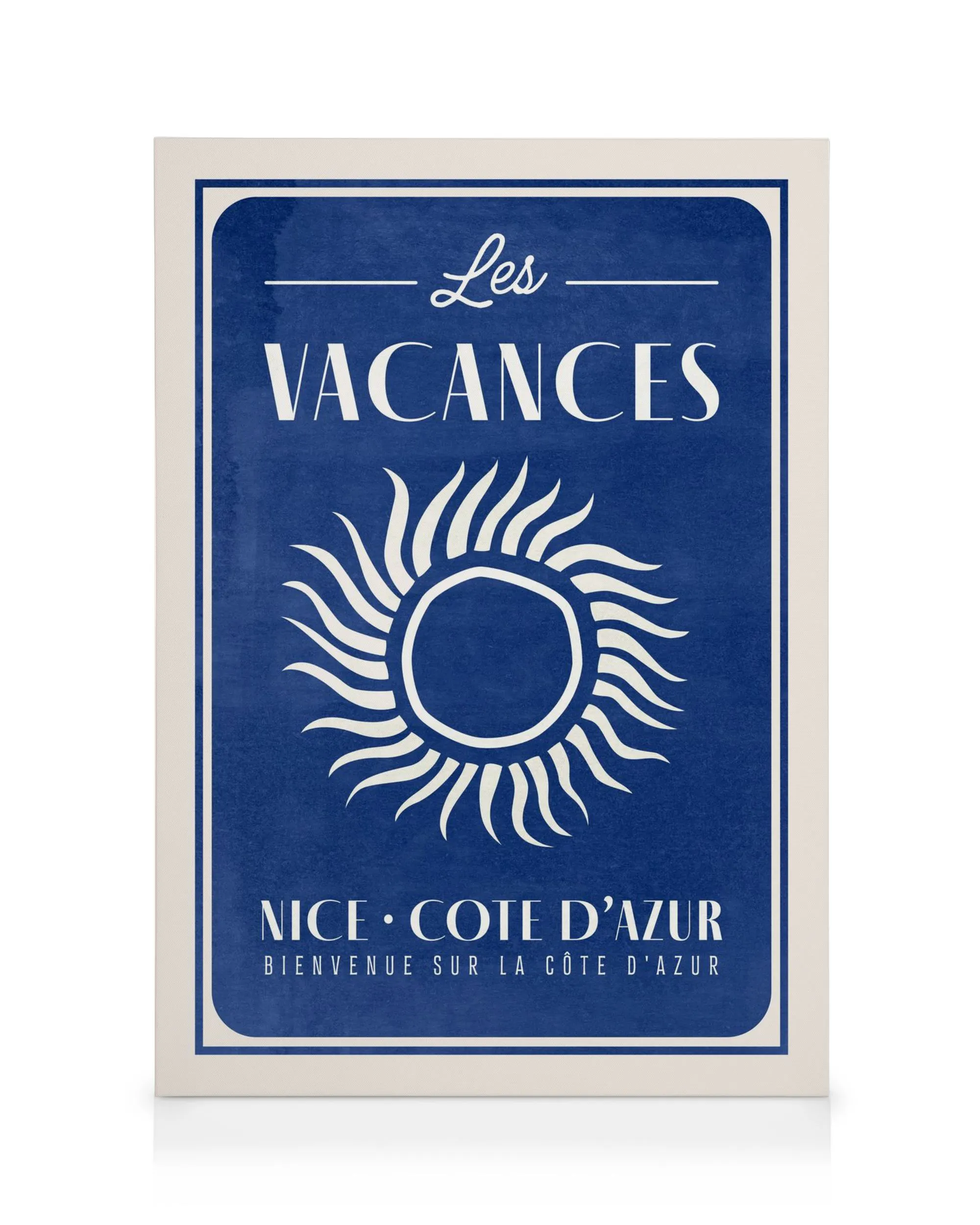 Blau-weißes Leinwandbild, stilisiertes Sonnenmotiv, Text Les Vacances, Nice, Côte dAzur, Vintage-Reiseposter-Stil