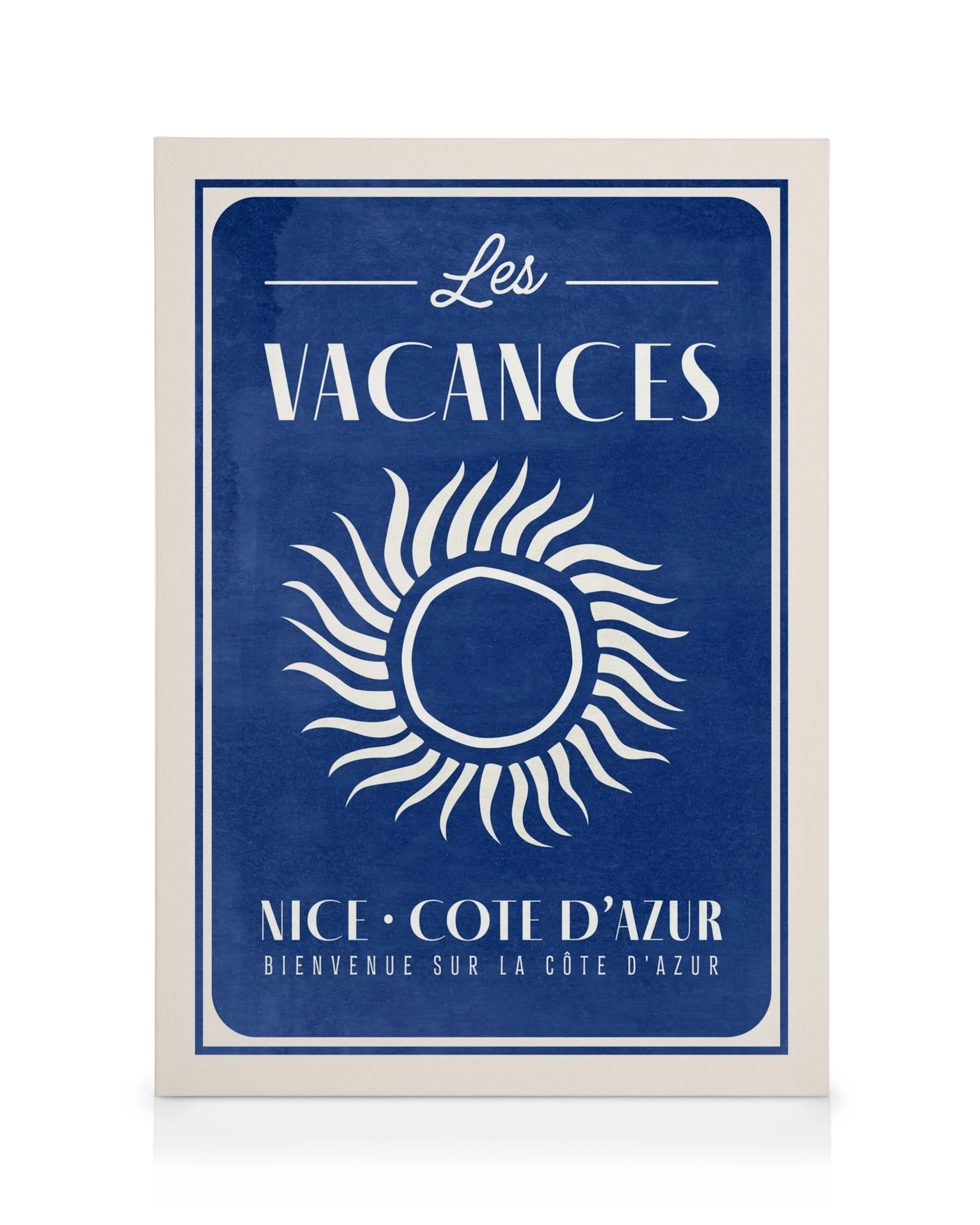 Blau-weißes Leinwandbild, stilisiertes Sonnenmotiv, Text Les Vacances, Nice, Côte dAzur, Vintage-Reiseposter-Stil